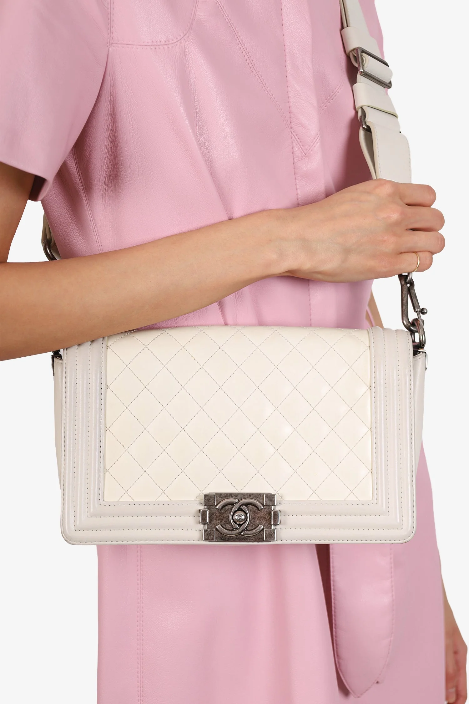Pre-Loved Chanel™ 2012 Limited Edition White Leather Medium Boy Bag with Metal Strap - Image 10