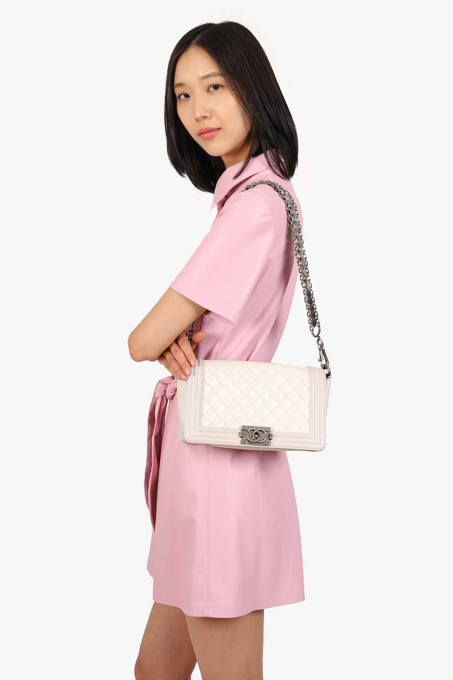 Pre-Loved Chanel™ 2012 Limited Edition White Leather Medium Boy Bag with Metal Strap - Image 11