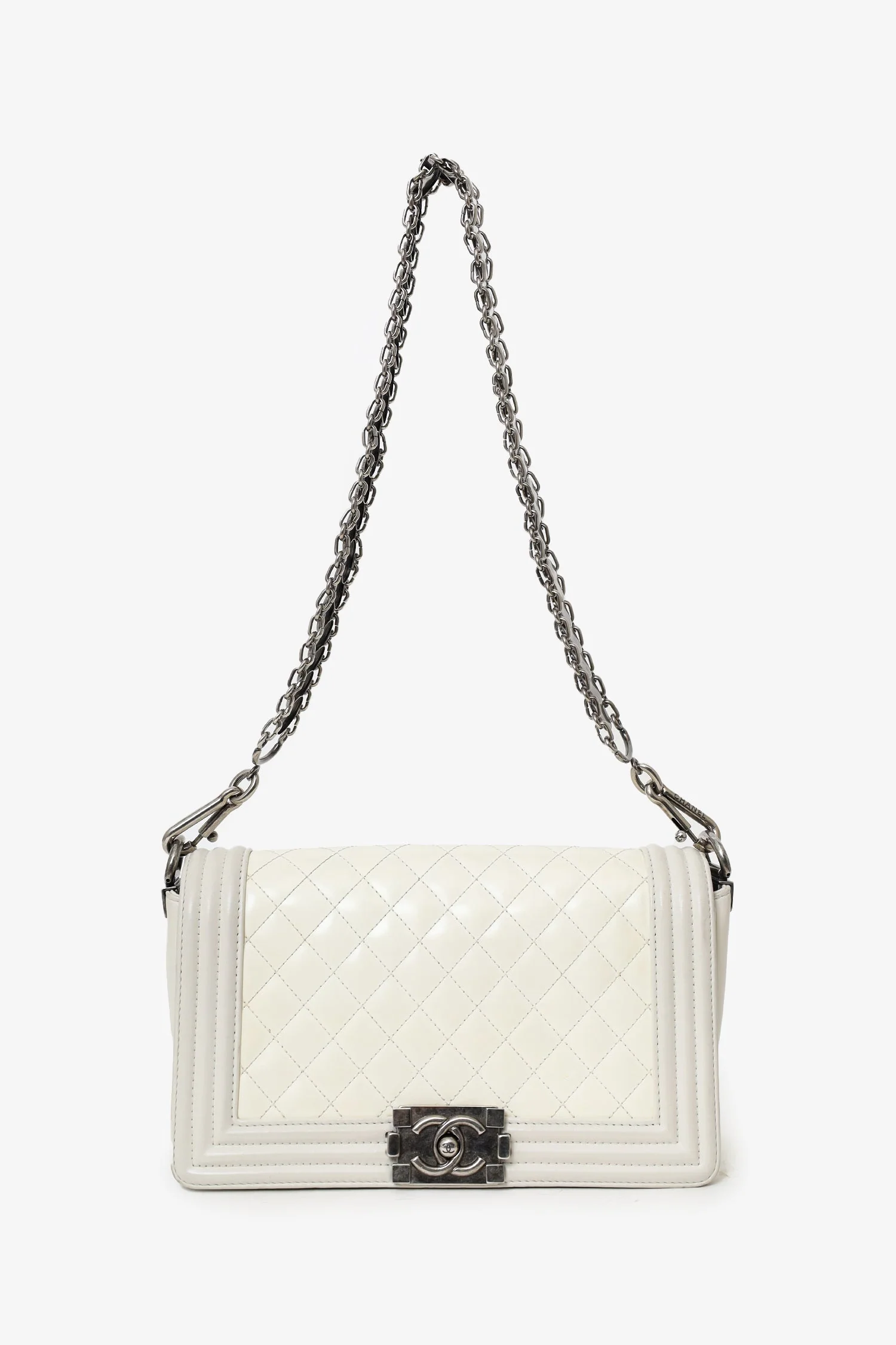 Pre-Loved Chanel™ 2012 Limited Edition White Leather Medium Boy Bag with Metal Strap - Image 2