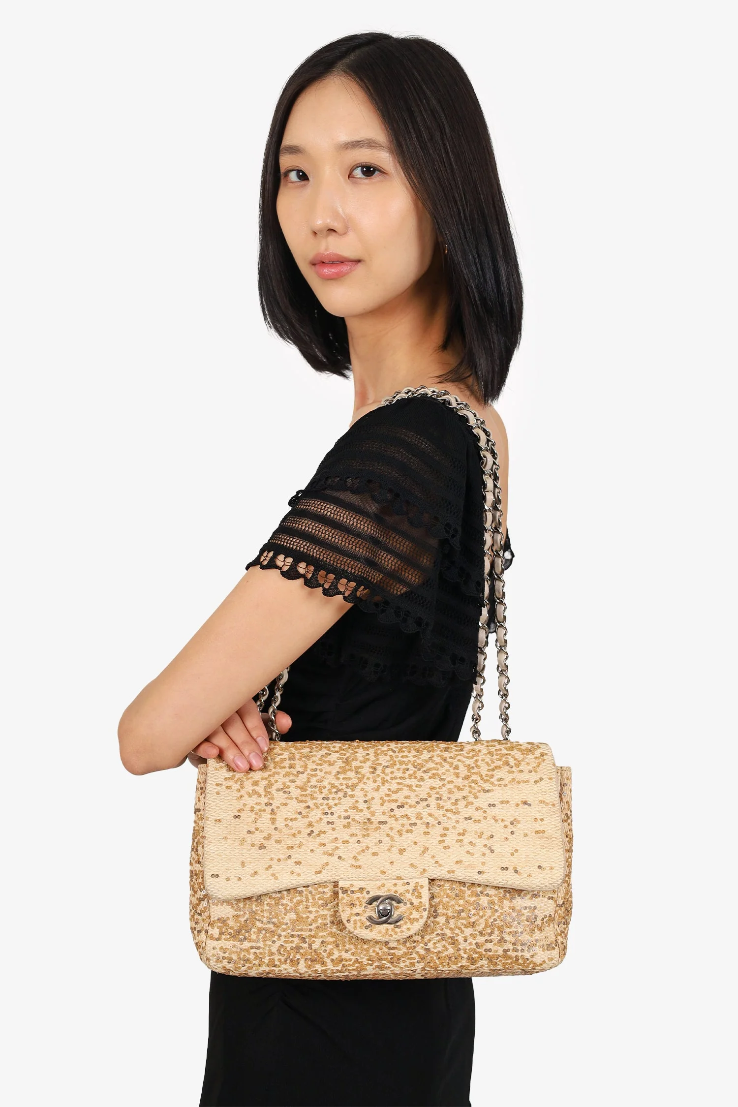 Pre-Loved Chanel™ 2013-14 Beige Raffia Sequin Small Single Flap Bag - Image 10
