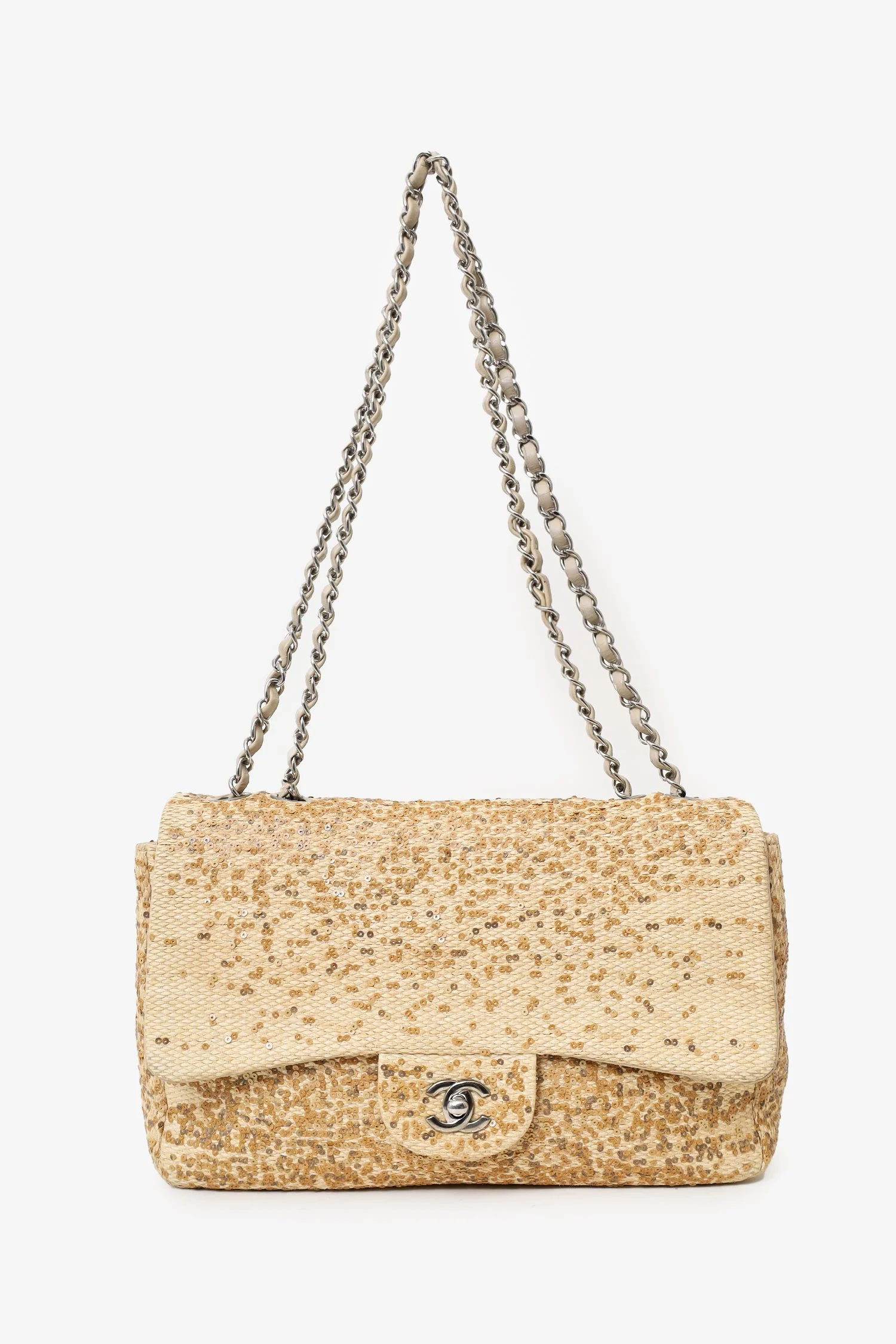 Pre-Loved Chanel™ 2013-14 Beige Raffia Sequin Small Single Flap Bag - Image 2