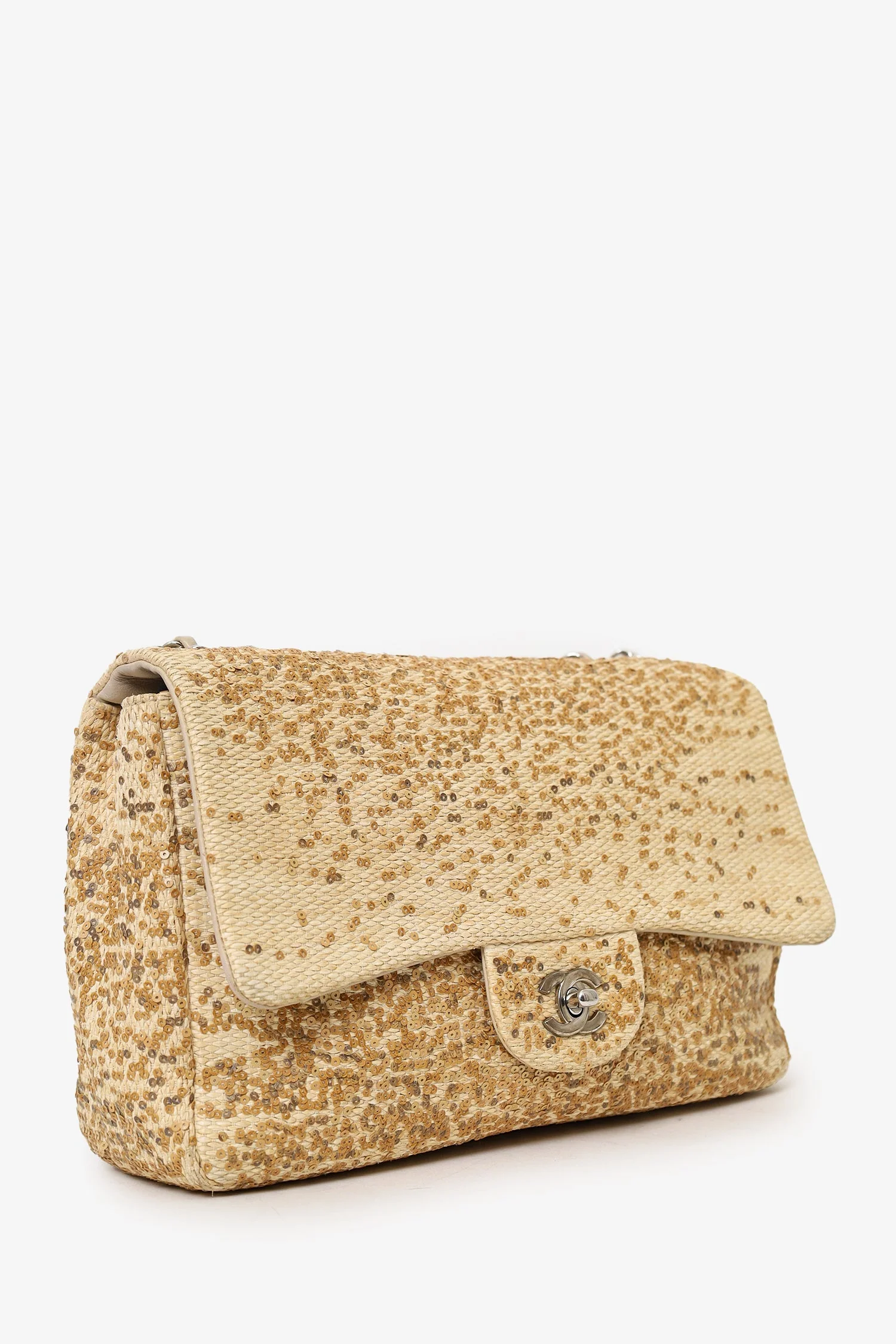 Pre-Loved Chanel™ 2013-14 Beige Raffia Sequin Small Single Flap Bag - Image 3