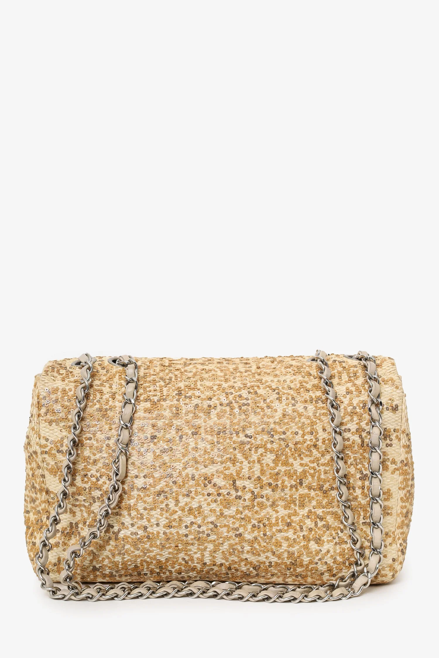 Pre-Loved Chanel™ 2013-14 Beige Raffia Sequin Small Single Flap Bag - Image 4