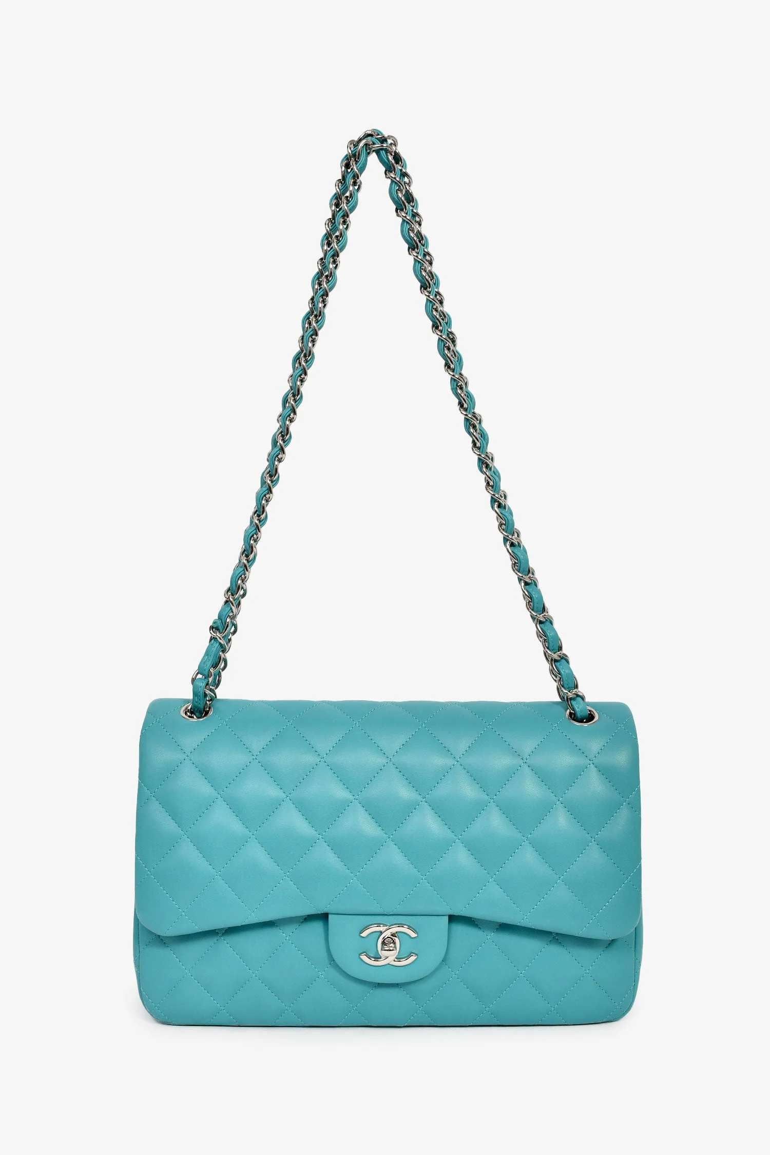 Pre-Loved Chanel™ 2014 Turquoise Lambskin Jumbo Double Flap Shoulder Bag - Image 7