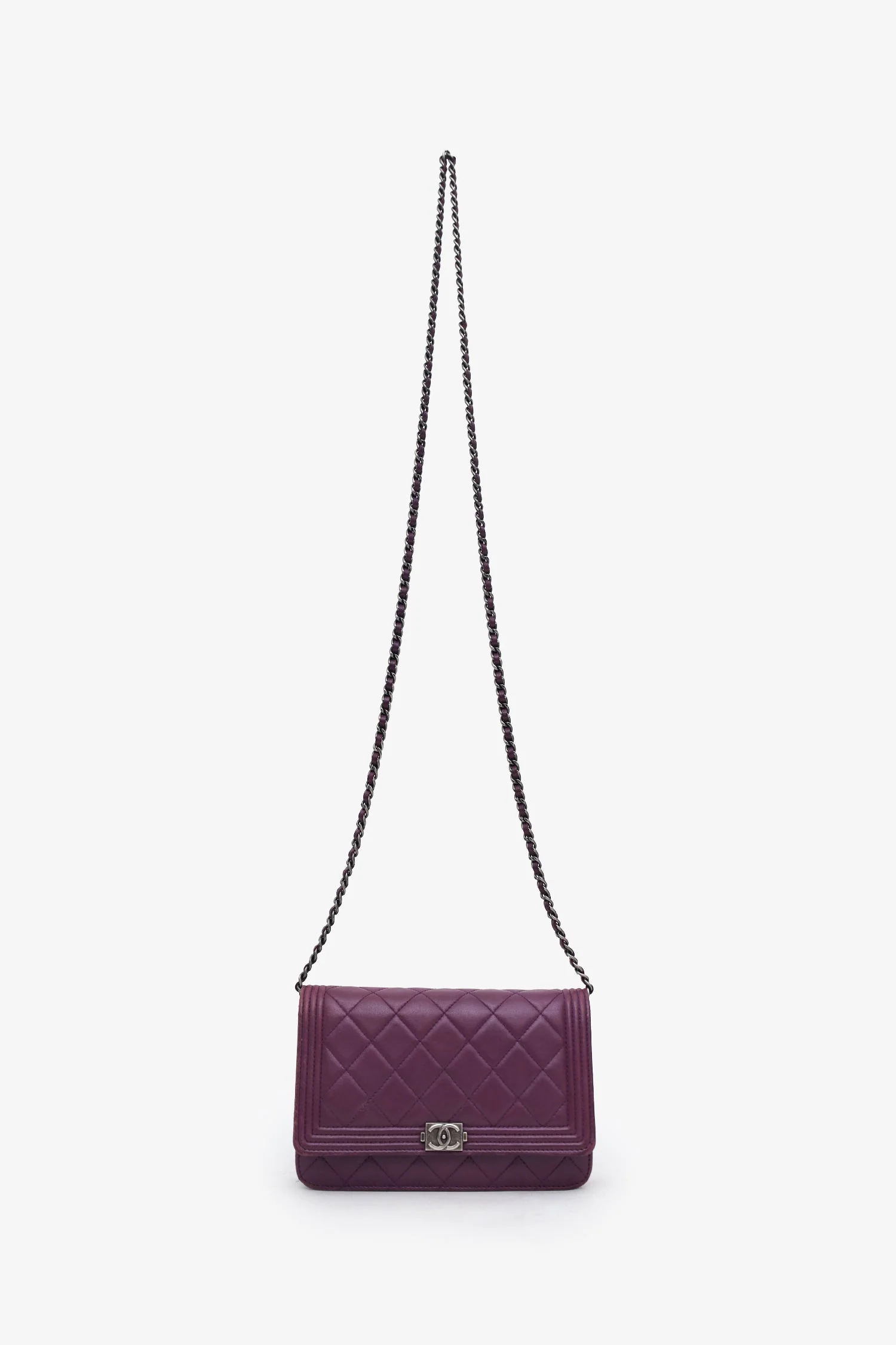 Pre-Loved Chanel™ 2015-16 Purple Lambskin Boy Wallet On Chain SHW - Image 6