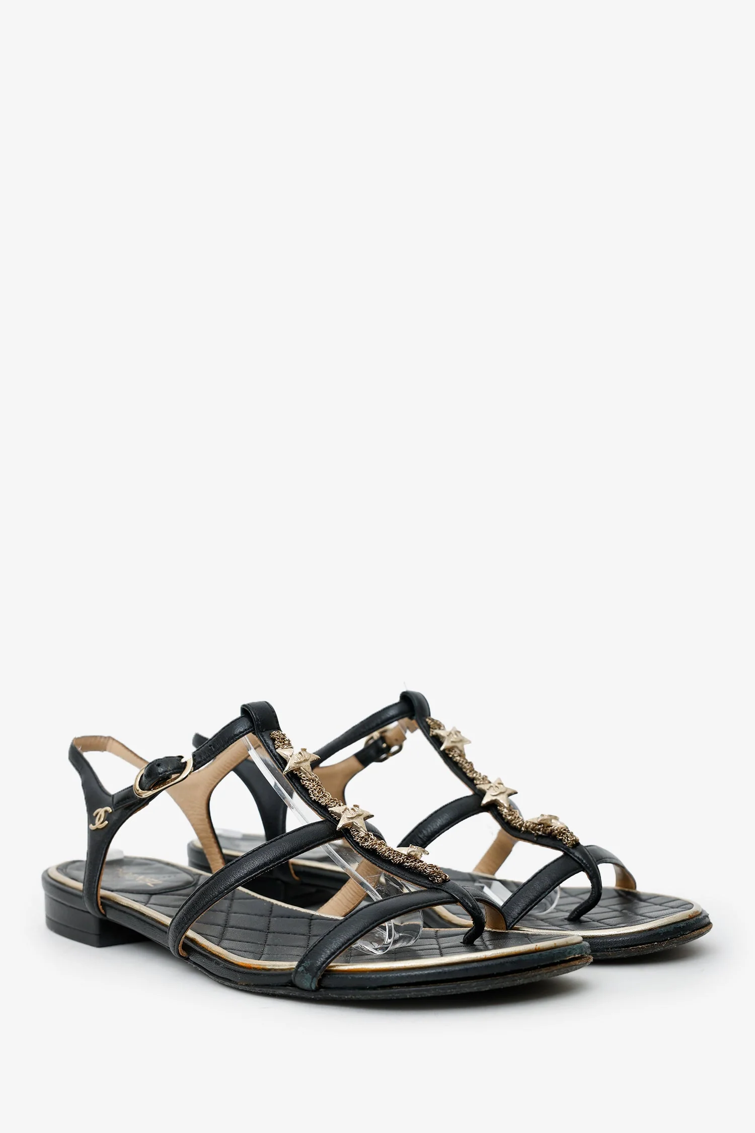 Pre-Loved Chanel™ 2015  Black Leather Star Embellished Strappy Sandals Size 37 - Image 2