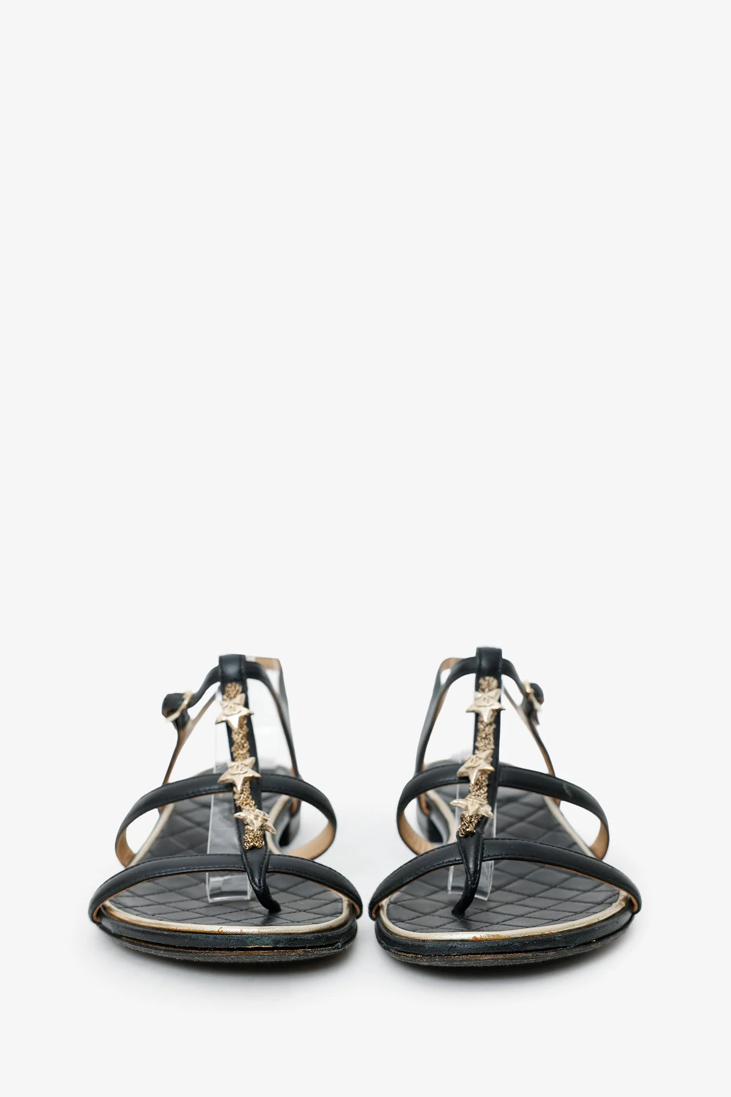 Pre-Loved Chanel™ 2015  Black Leather Star Embellished Strappy Sandals Size 37 - Image 3