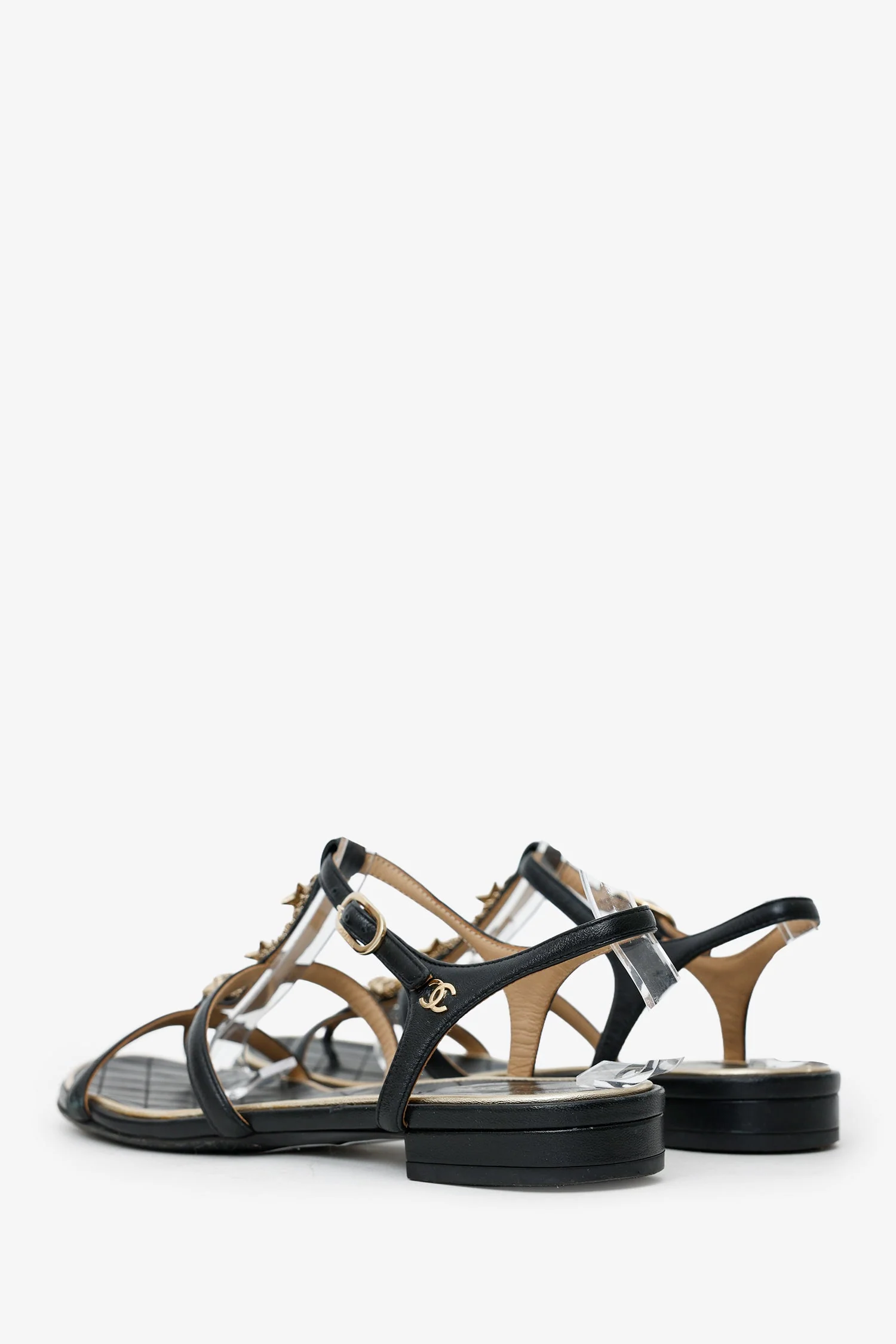 Pre-Loved Chanel™ 2015  Black Leather Star Embellished Strappy Sandals Size 37 - Image 4