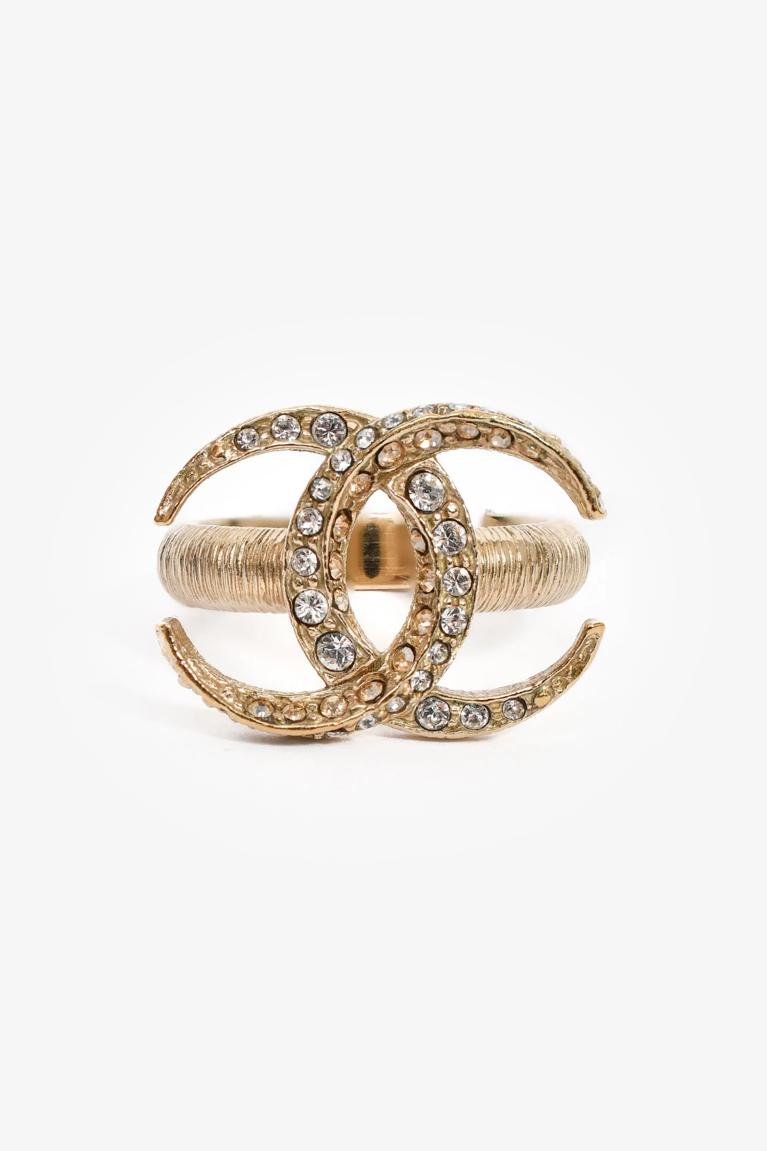 Pre-Loved Chanel™ 2015 Champagne Gold Toned CC Crystal Ring - Image 3