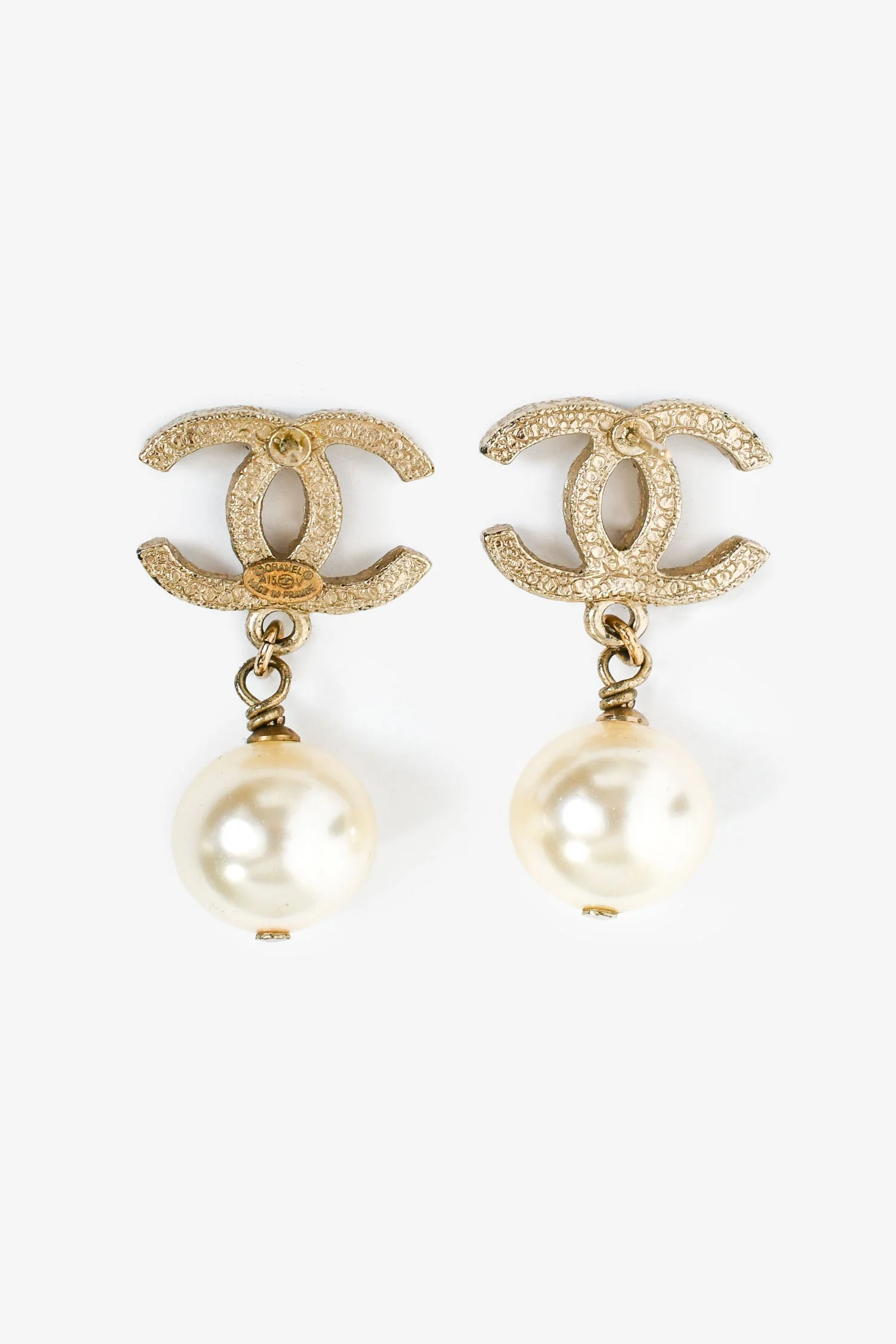 Pre-Loved Chanel™ 2015 Gold Toned Embellished CC Pearl Drop Earrings - Image 2