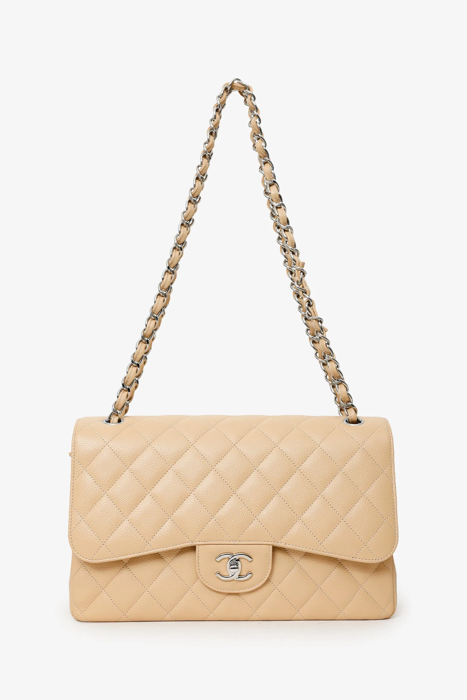 Pre-Loved Chanel™ 2016-17 Beige Caviar Leather Jumbo Double Flap Bag - Image 6