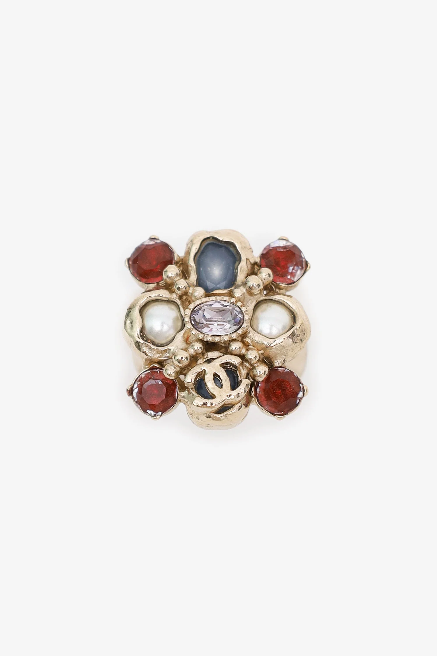 Pre-Loved Chanel™ 2016 Gold Tone Crystal Pearl CC Ring - Image 2