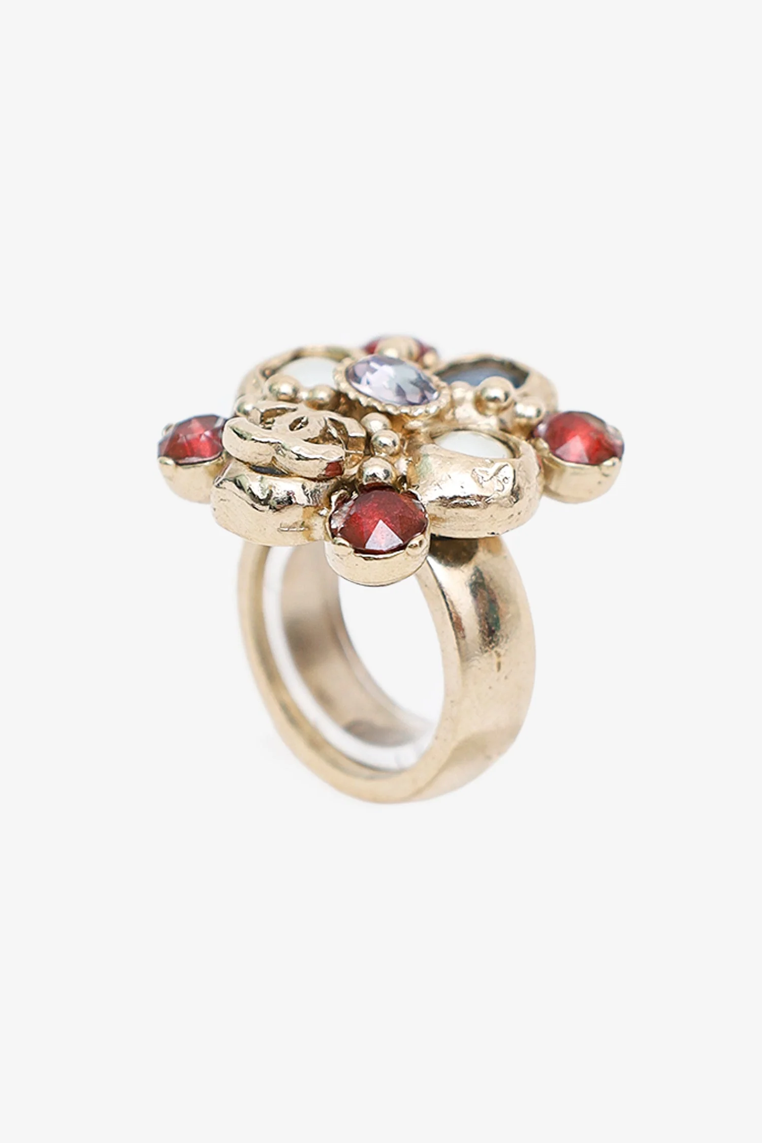 Pre-Loved Chanel™ 2016 Gold Tone Crystal Pearl CC Ring - Image 3