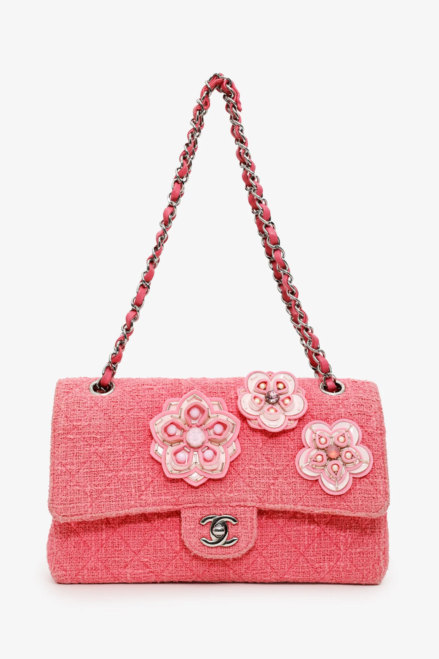 Pre-Loved Chanel™ 2016 Pink Tweed Flower Classic Double Medium Flap Bag - Image 6