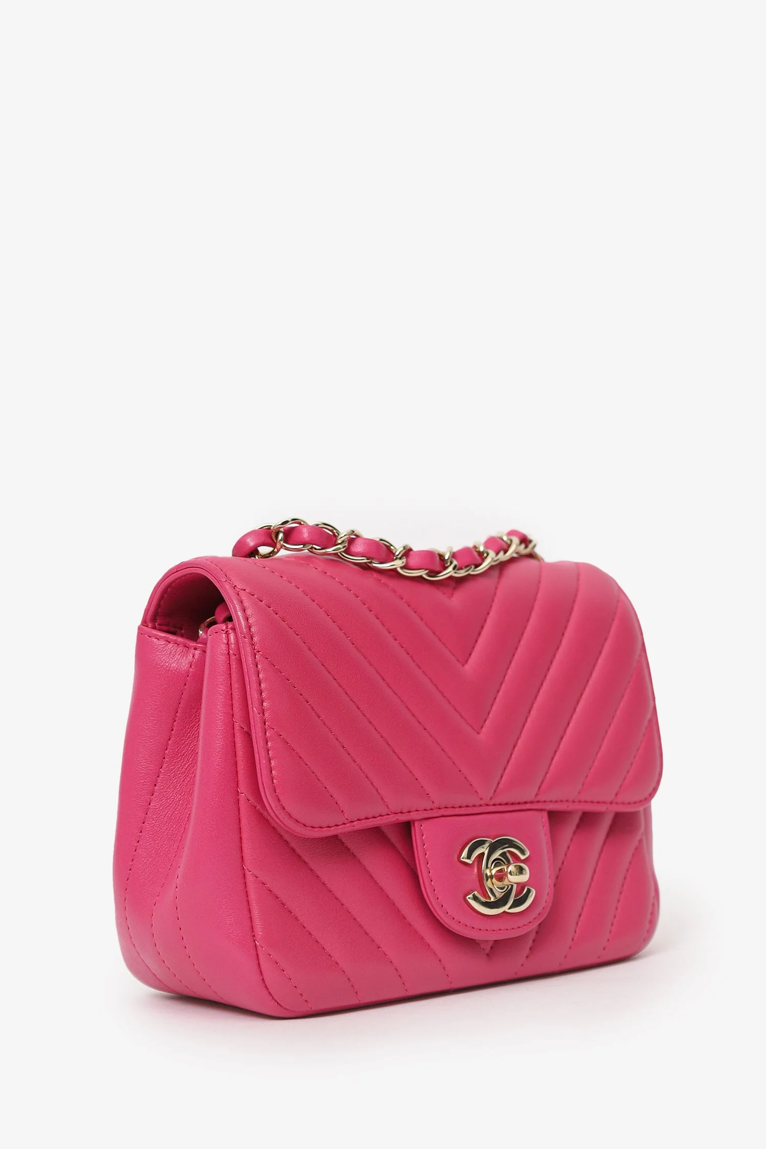 Pre-Loved Chanel™ 2017/18 Pink Leather Chevron Mini Square Flap Bag - Image 2