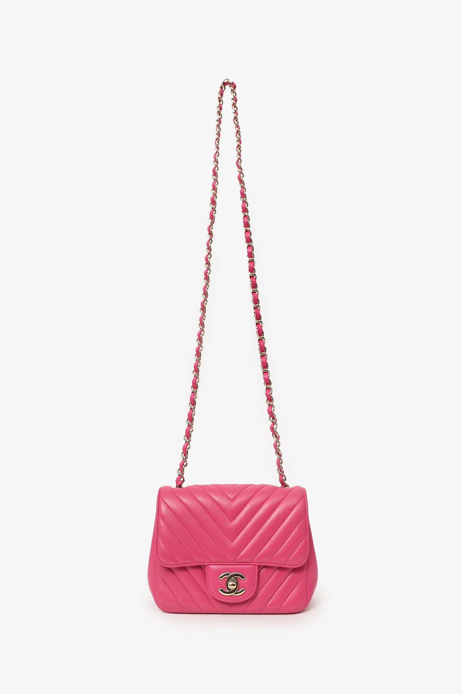 Pre-Loved Chanel™ 2017/18 Pink Leather Chevron Mini Square Flap Bag - Image 7