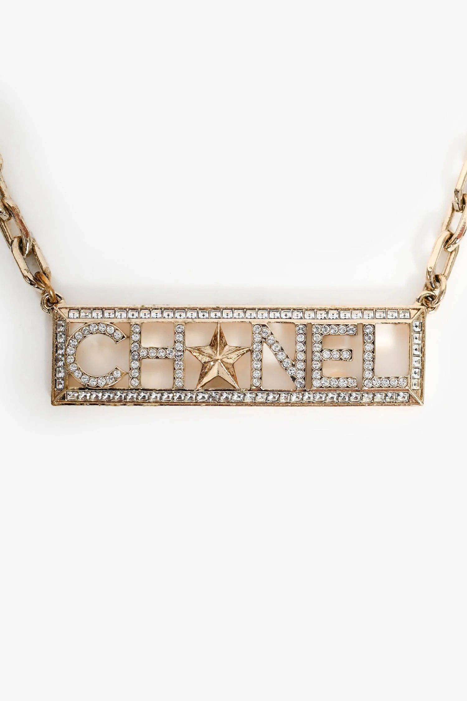 Pre-Loved Chanel™ 2017 Gold Toned Crystal Embellished Logo Star Choker Necklace - Image 2