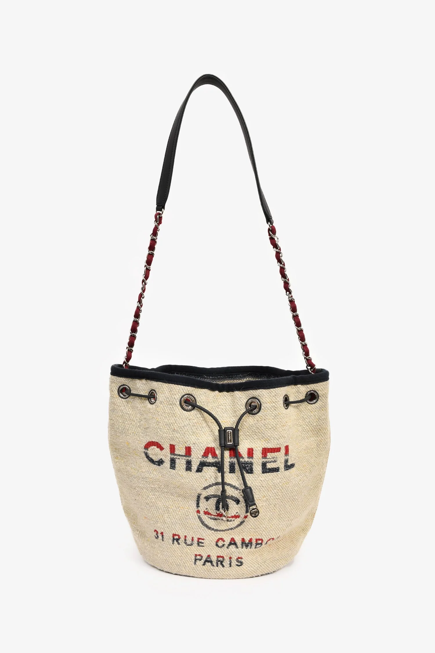 Pre-Loved Chanel™ 2018-19 Beige Cloth Deauville Logo Bucket Shoulder Bag - Image 7