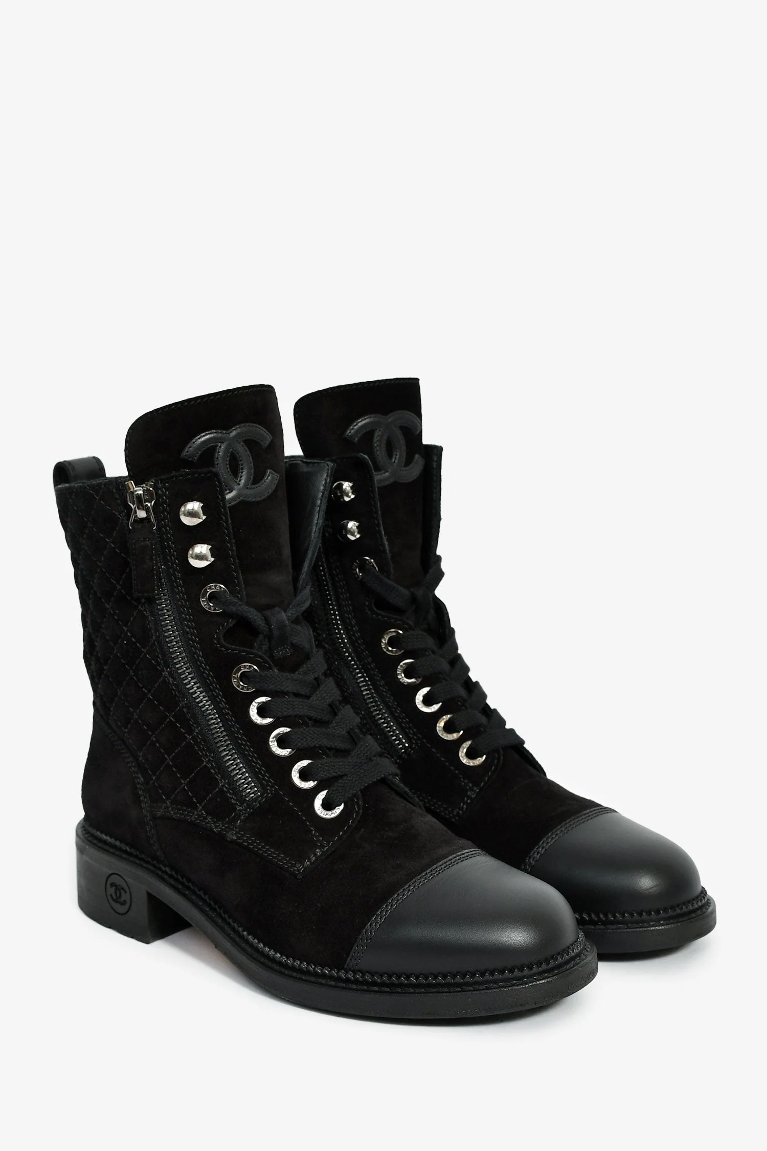 Pre-Loved Chanel™ 2018 Black Quilted Suede Lace Up Boots Size 37 - Image 2