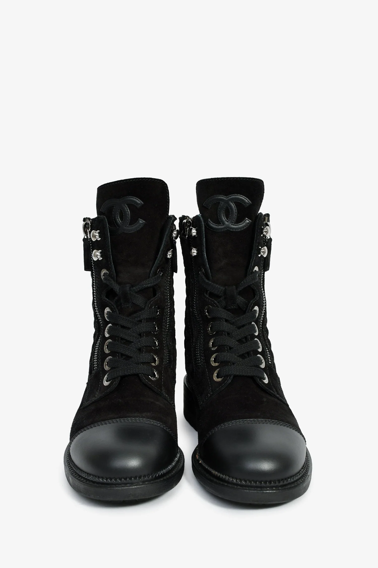 Pre-Loved Chanel™ 2018 Black Quilted Suede Lace Up Boots Size 37 - Image 3