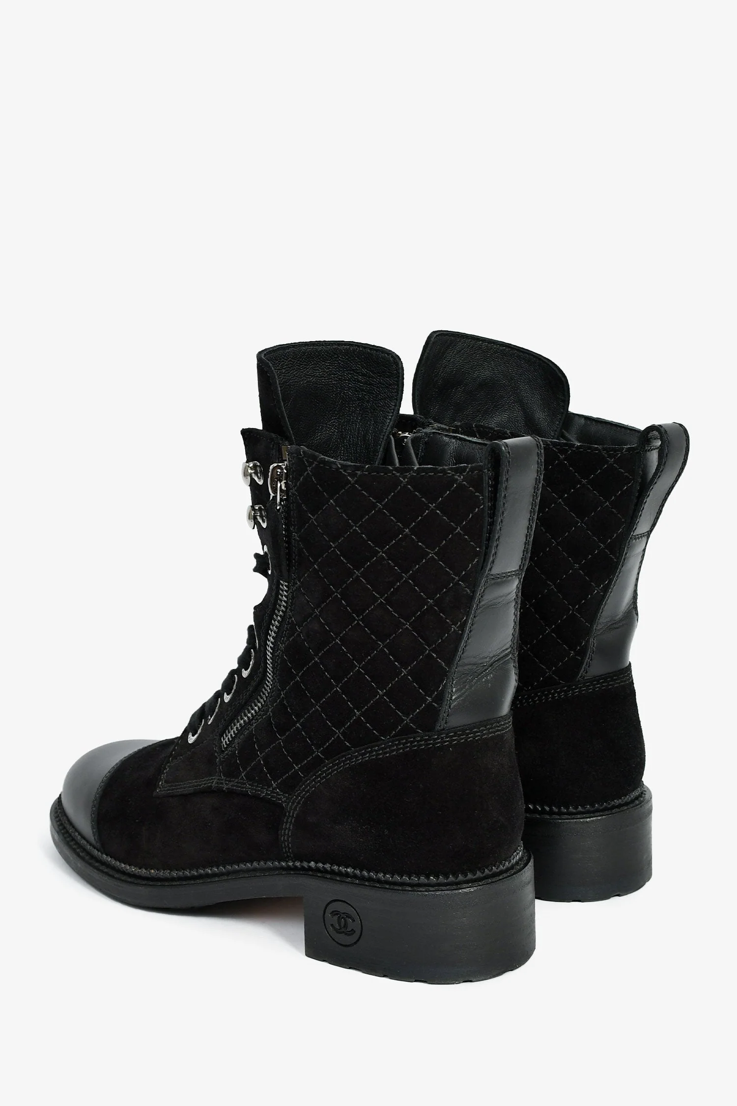 Pre-Loved Chanel™ 2018 Black Quilted Suede Lace Up Boots Size 37 - Image 4