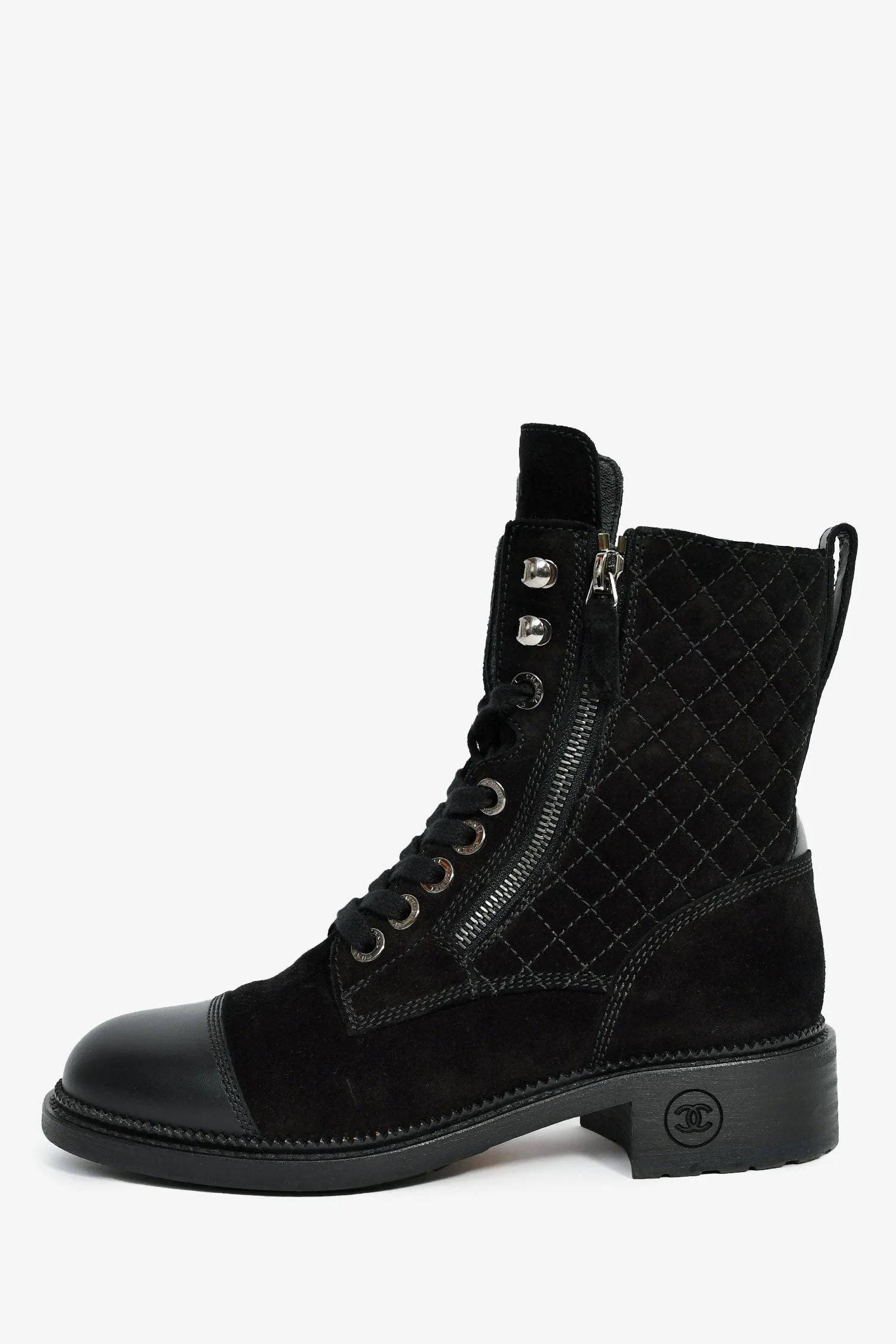 Pre-Loved Chanel™ 2018 Black Quilted Suede Lace Up Boots Size 37 - Image 5