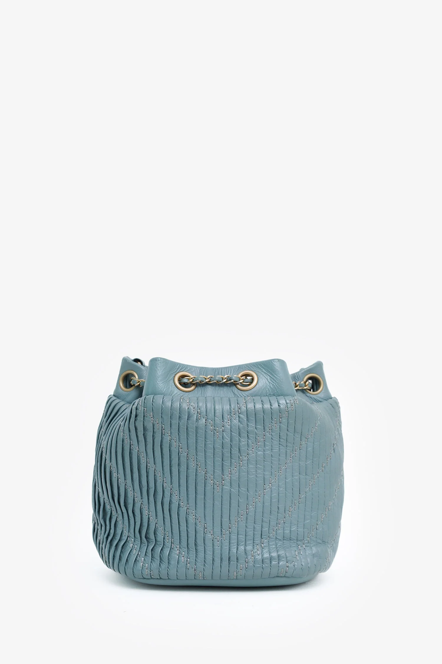 Pre-Loved Chanel™ 2018 Blue Leather Paris-Greece Small Coco Pleats Bucket Bag - Image 3