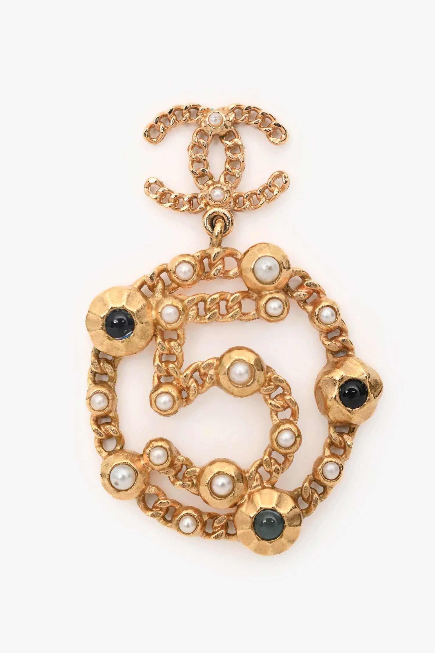 Pre-Loved Chanel™ 2018 Gold Tone Faux Pearl No.5 Chain Embellished Ear Pendants - Image 3