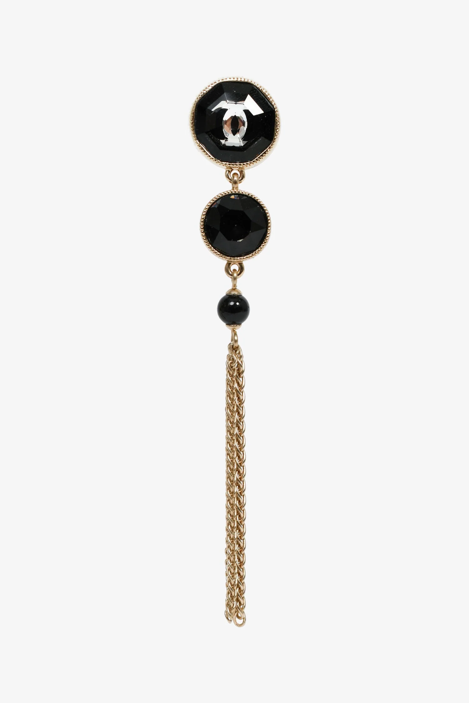 Chanel™ 2018 Gold Toned Black Double Crystal CC Dangle Earrings - Image 2