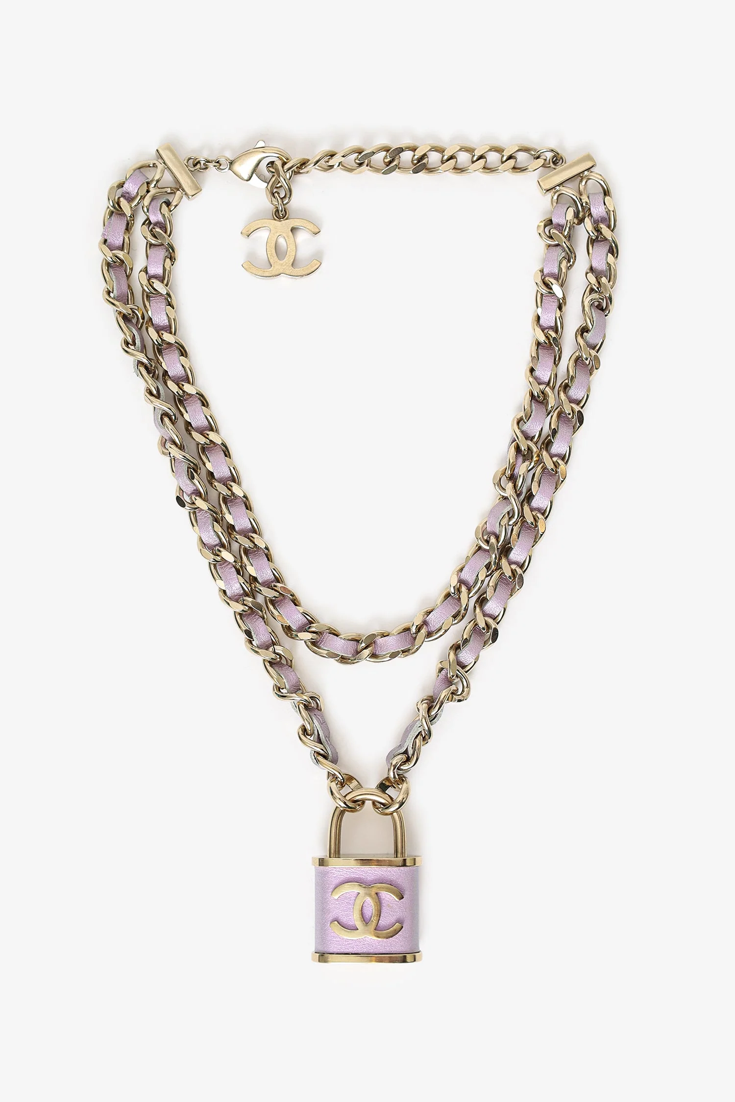 Pre-Loved Chanel™ 2018 Gold Toned Chain/Metallic Purple Leather CC Lock Pendant Choker Necklace - Image 2