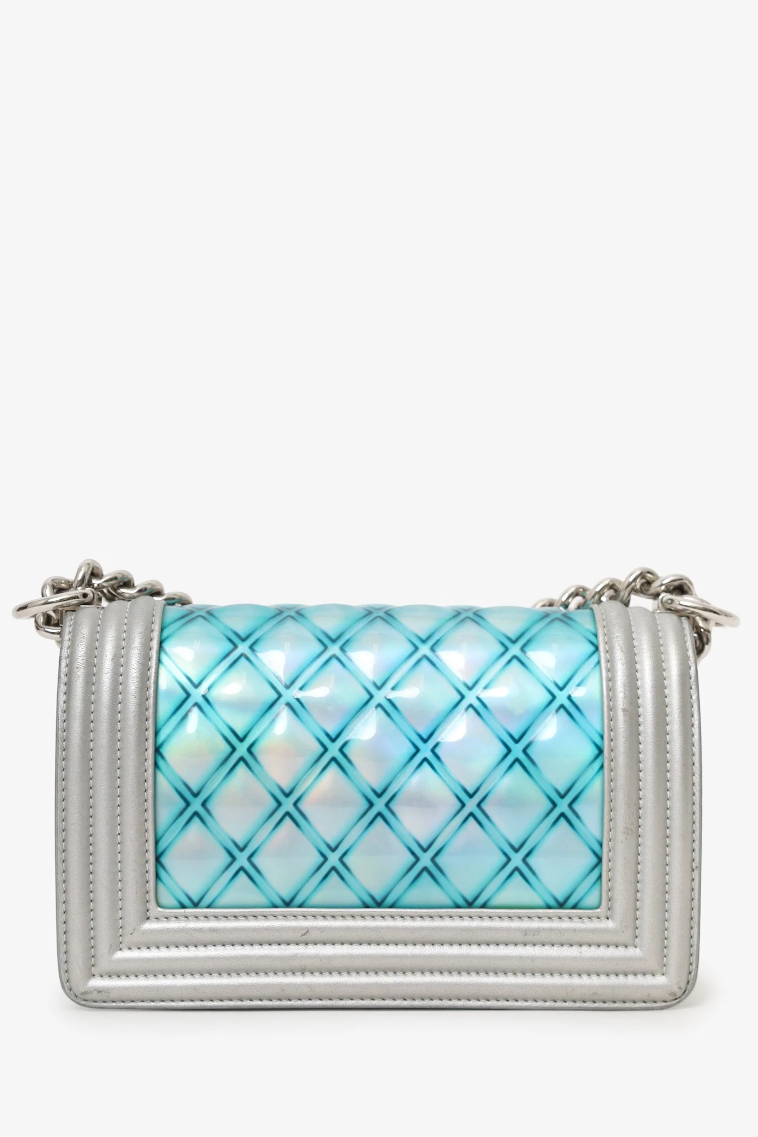 Pre-Loved Chanel™ 2018 Iridescent Silver/Blue Leather/PVC Water Boy Small Bag - Image 2