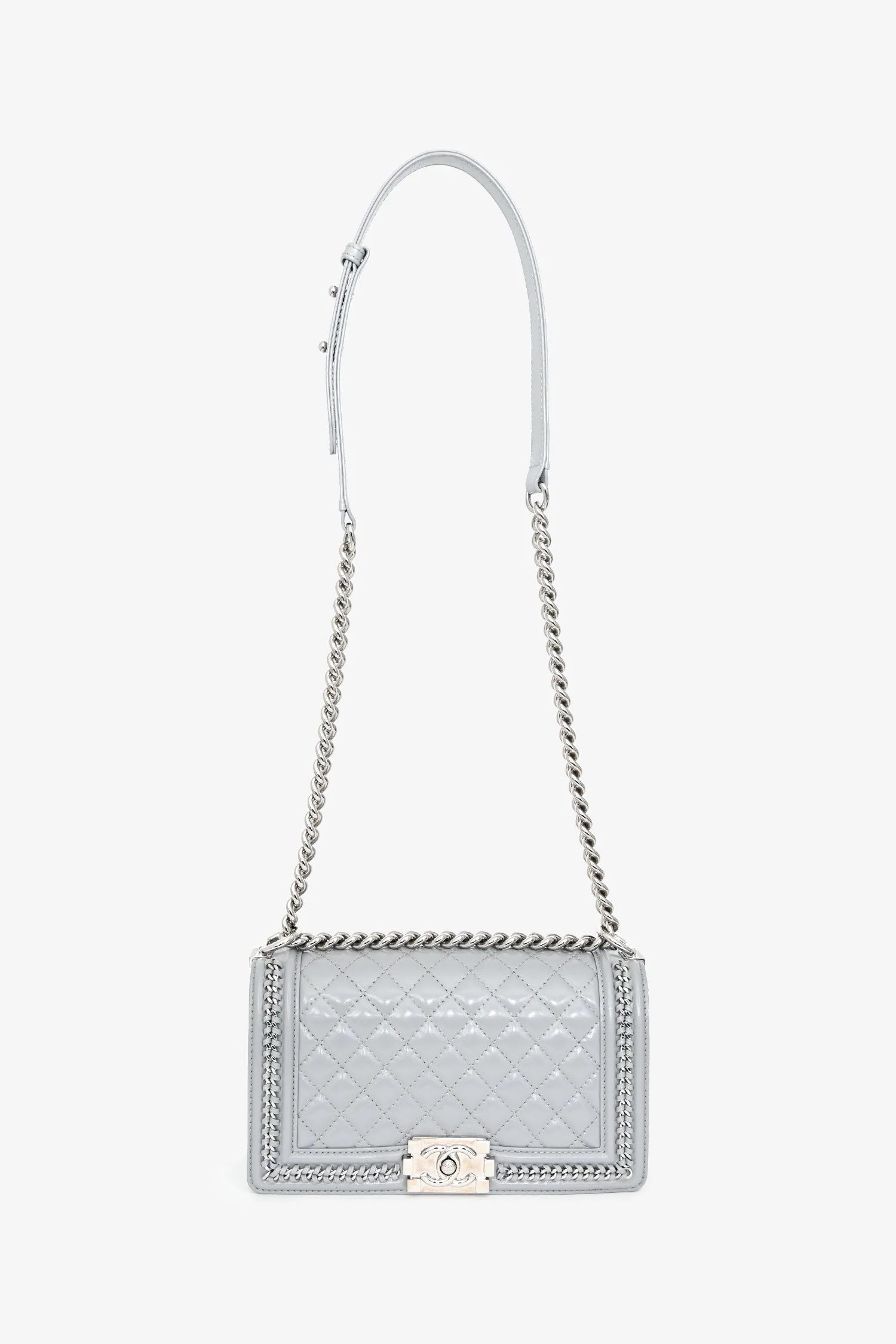 Pre-Loved Chanel™ 2019-2020 Grey Leather Quilted Medium Boy Bag SHW - Image 7