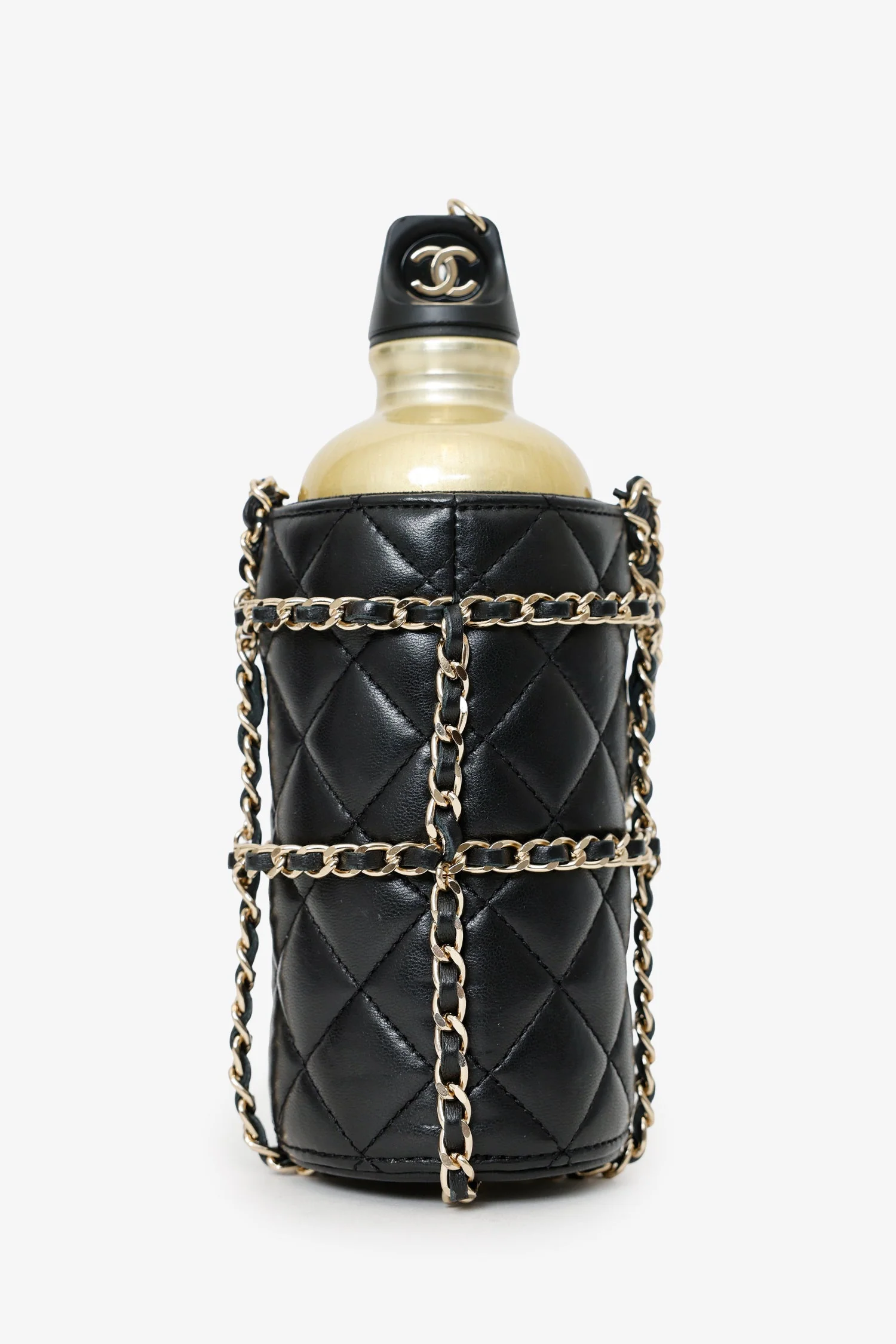 Pre-Loved Chanel™ 2019 Black/Gold Leather CC Water Bottle With Chain - Image 2