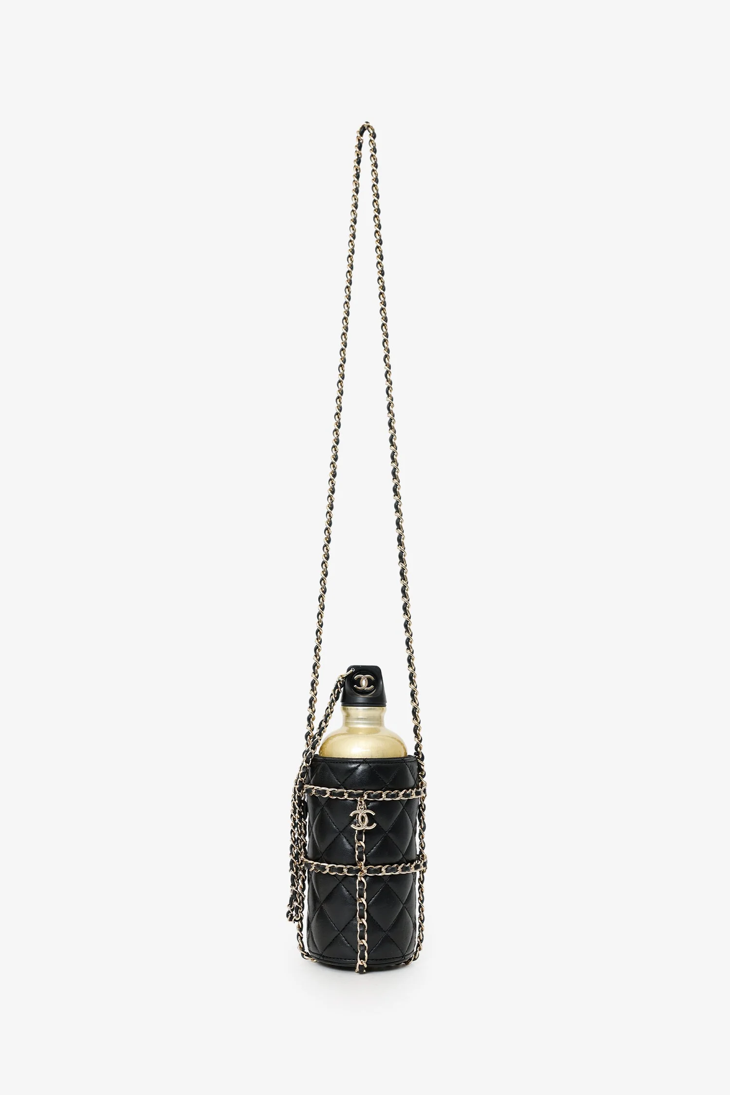 Pre-Loved Chanel™ 2019 Black/Gold Leather CC Water Bottle With Chain - Image 4