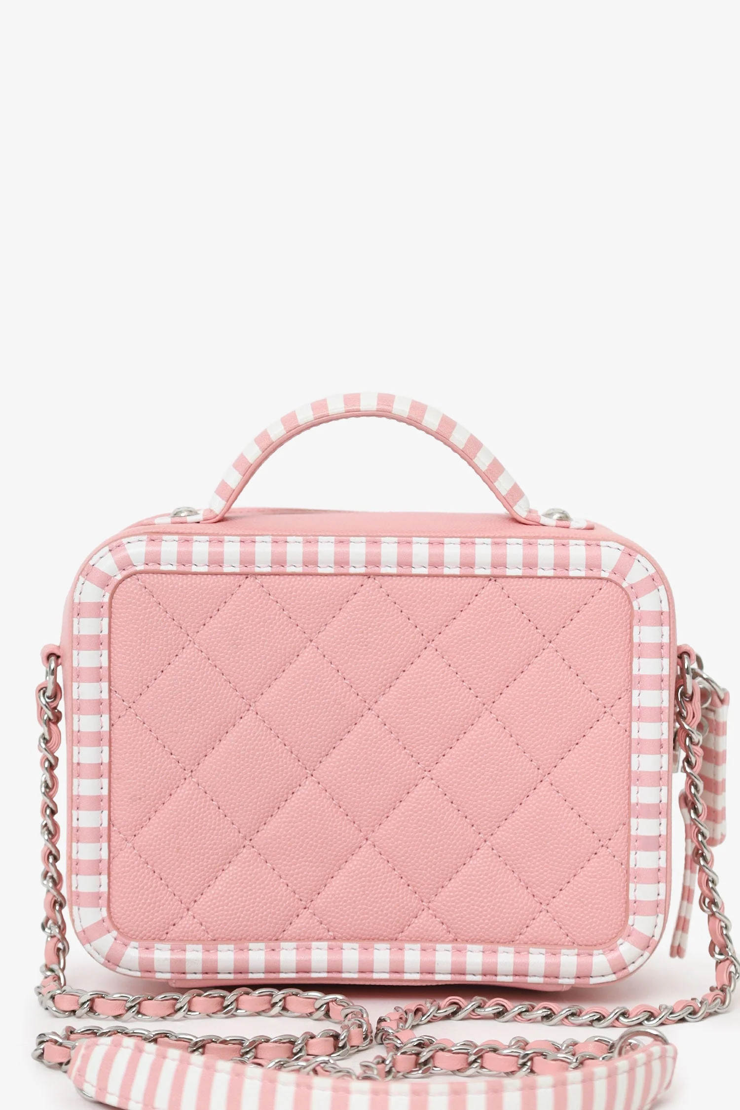 Pre-Loved Chanel™ 2019 Pink/White Caviar Quilted Striped Small CC Filigree Vanity Case - Image 2
