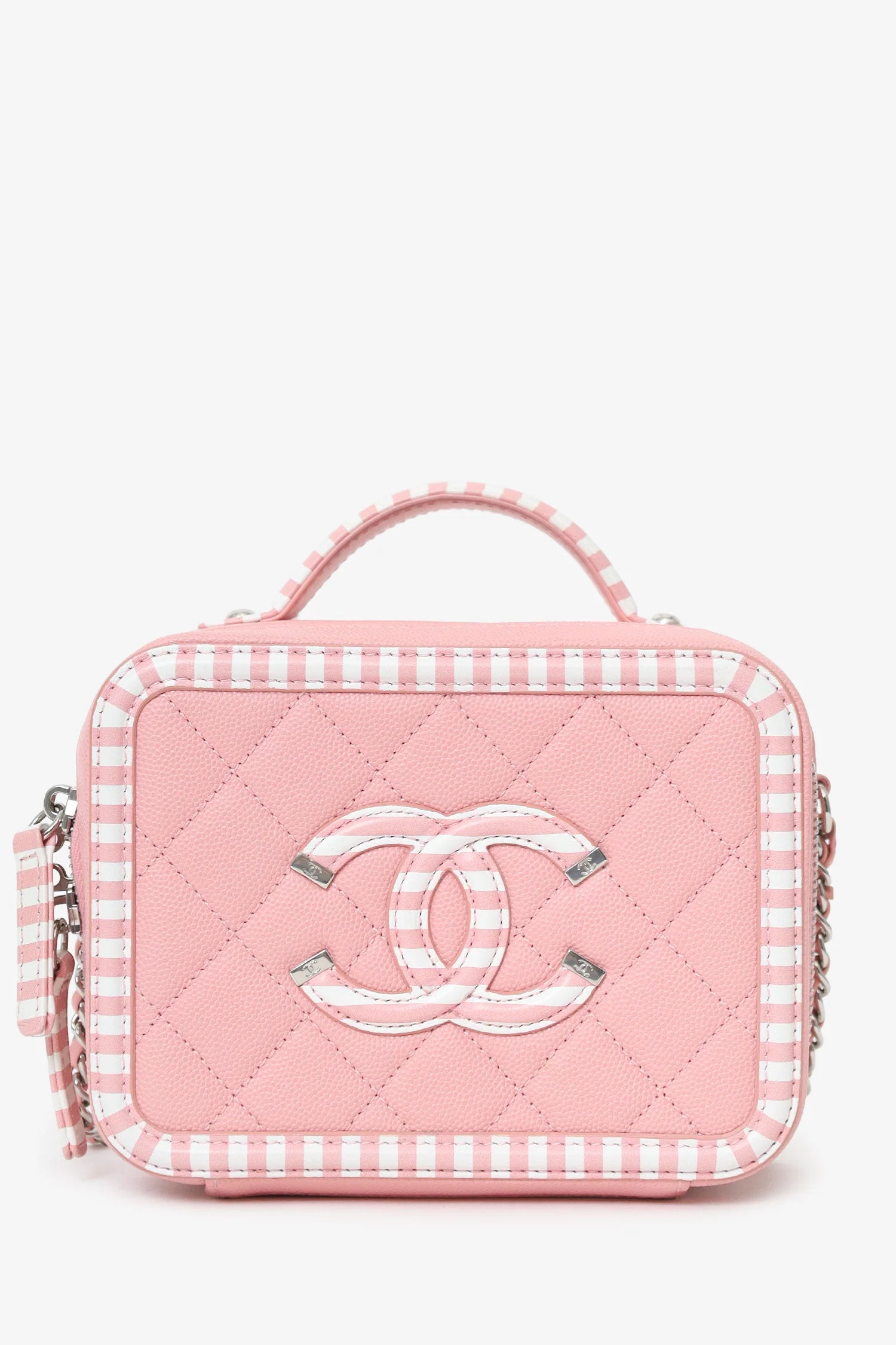 Pre-Loved Chanel™ 2019 Pink/White Caviar Quilted Striped Small CC Filigree Vanity Case - Image 3