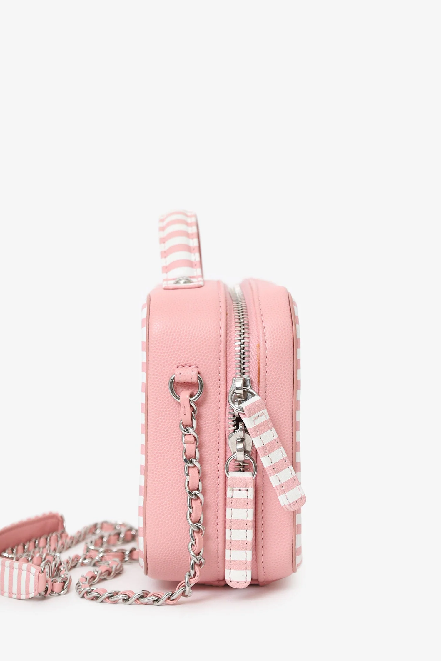 Pre-Loved Chanel™ 2019 Pink/White Caviar Quilted Striped Small CC Filigree Vanity Case - Image 4