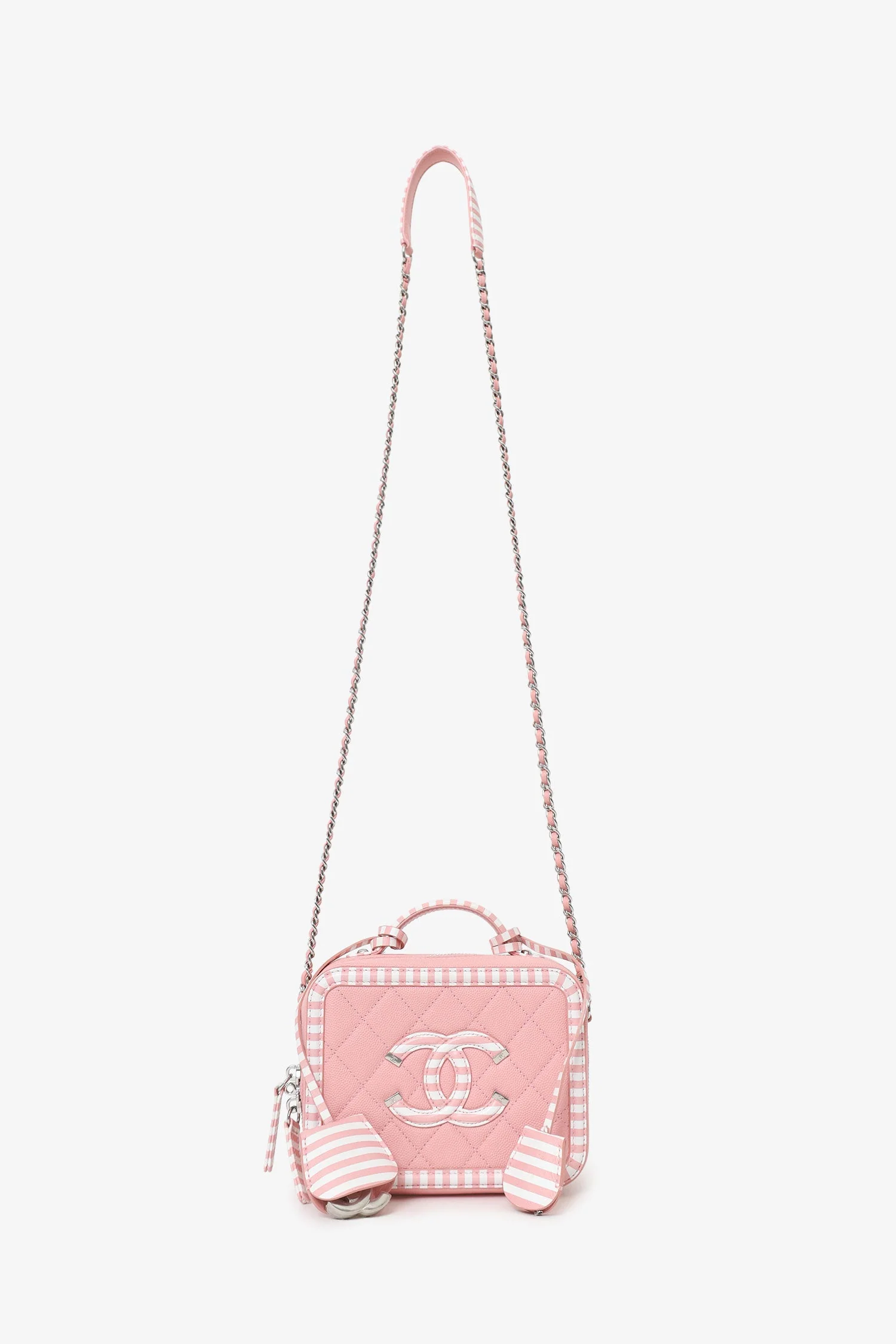 Pre-Loved Chanel™ 2019 Pink/White Caviar Quilted Striped Small CC Filigree Vanity Case - Image 7