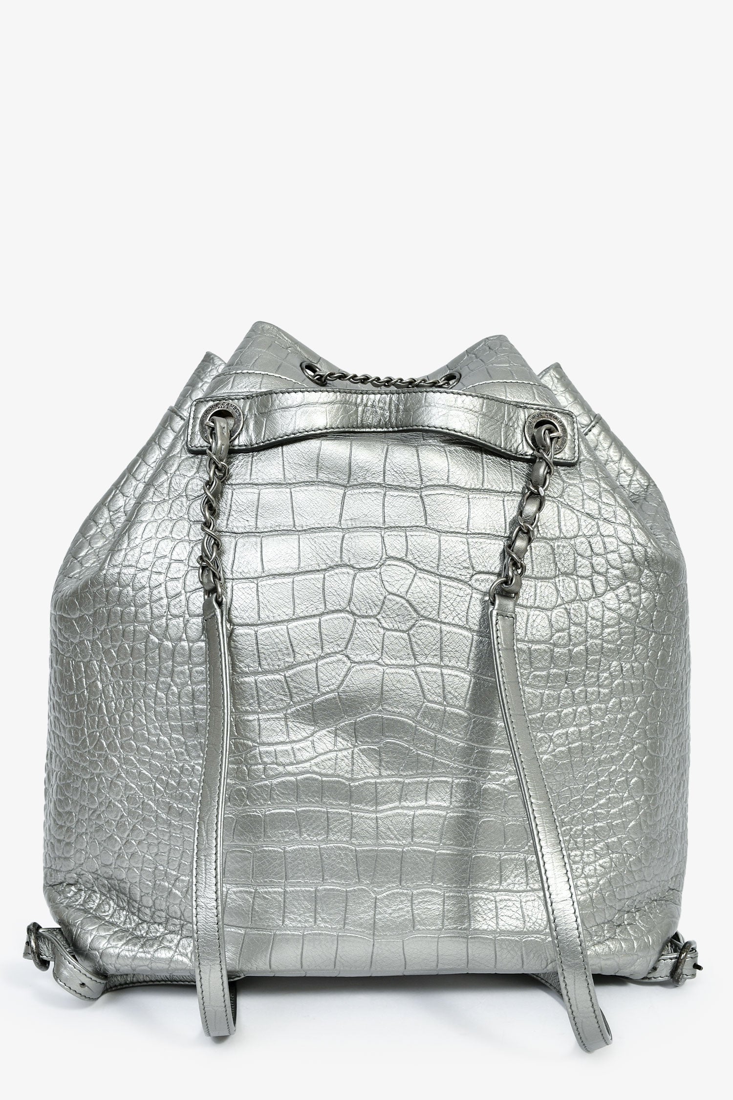 Pre-Loved Chanel™ 2019 Silver Croc Embossed Pocket Backpack - Image 2