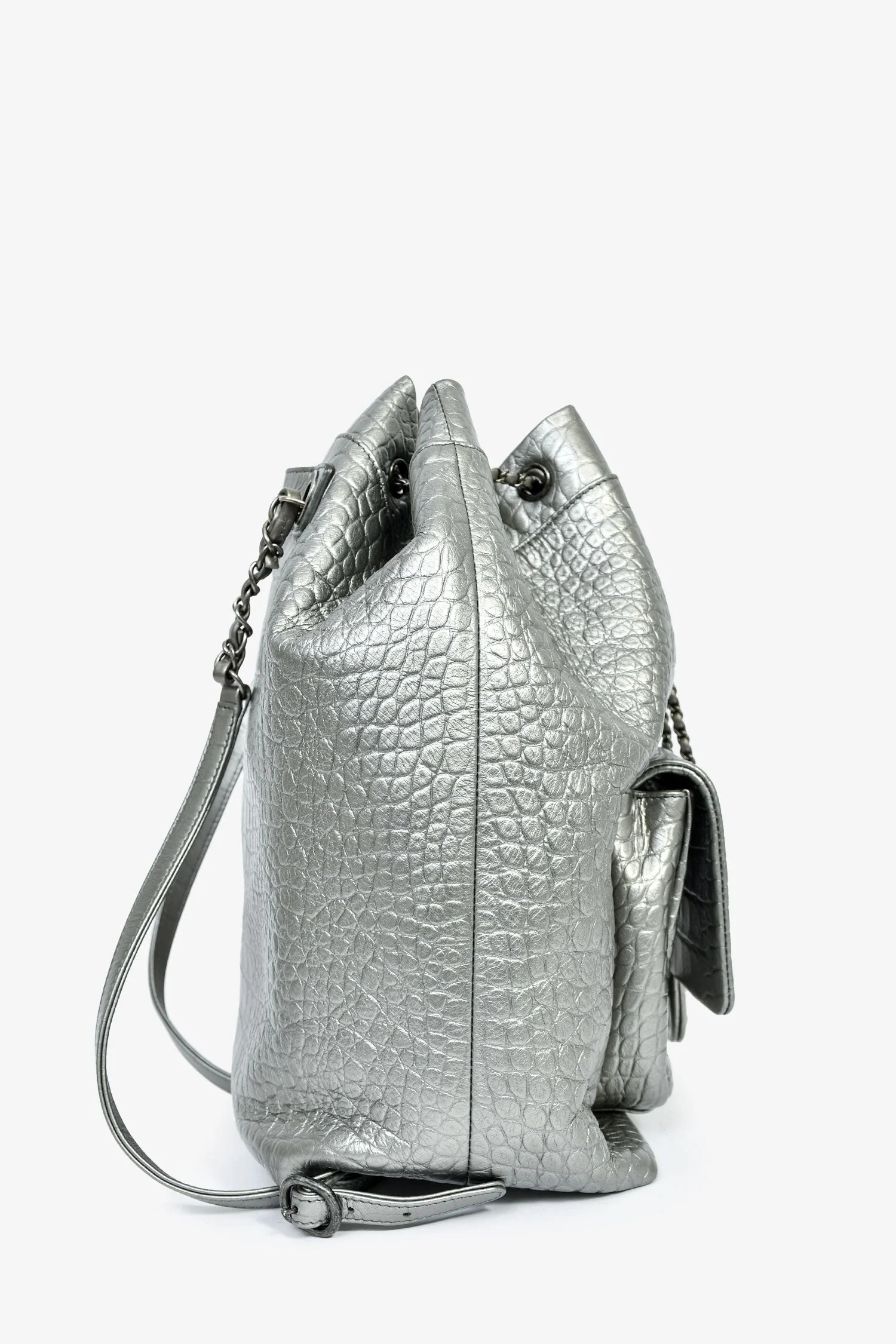 Pre-Loved Chanel™ 2019 Silver Croc Embossed Pocket Backpack - Image 3