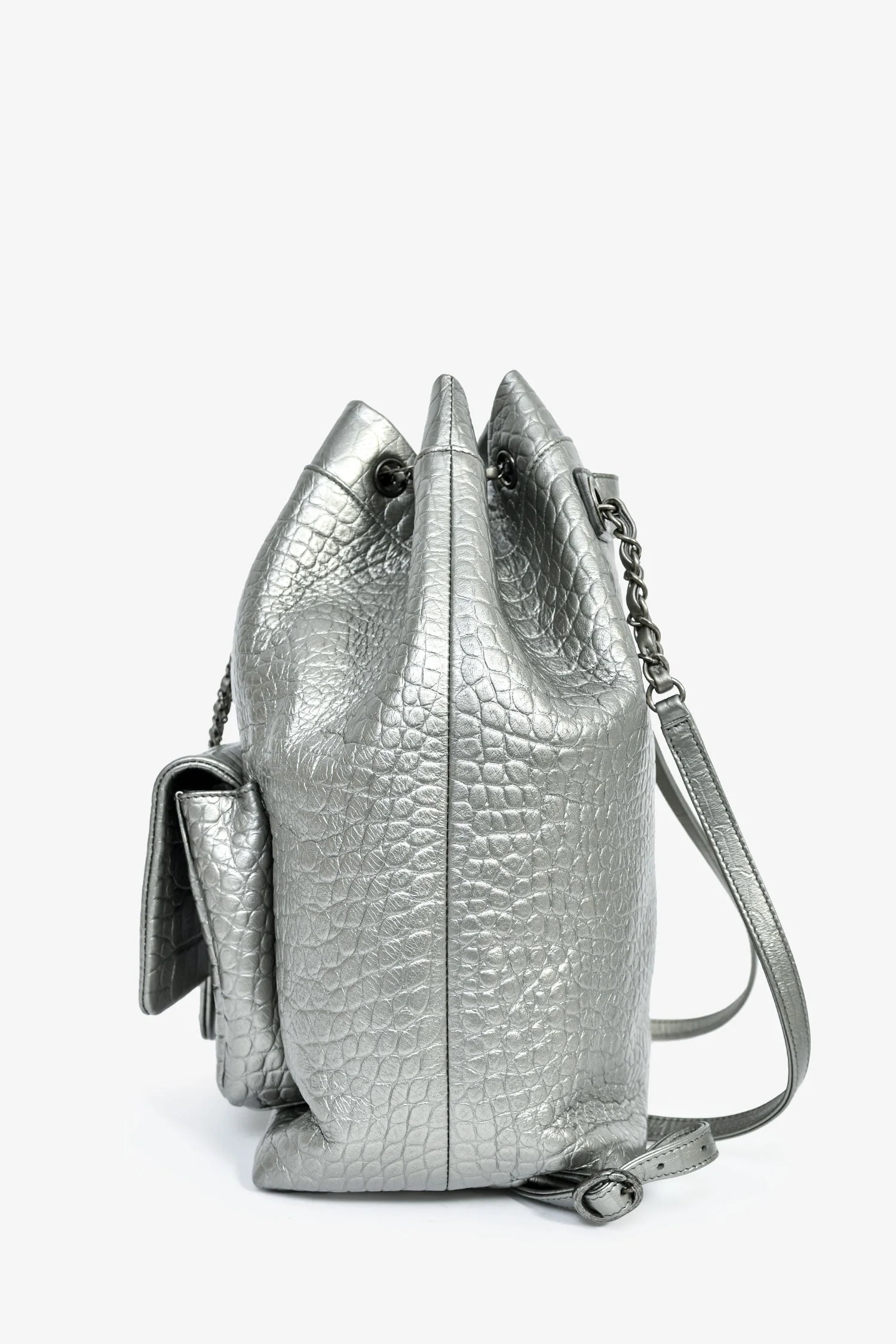 Pre-Loved Chanel™ 2019 Silver Croc Embossed Pocket Backpack - Image 4