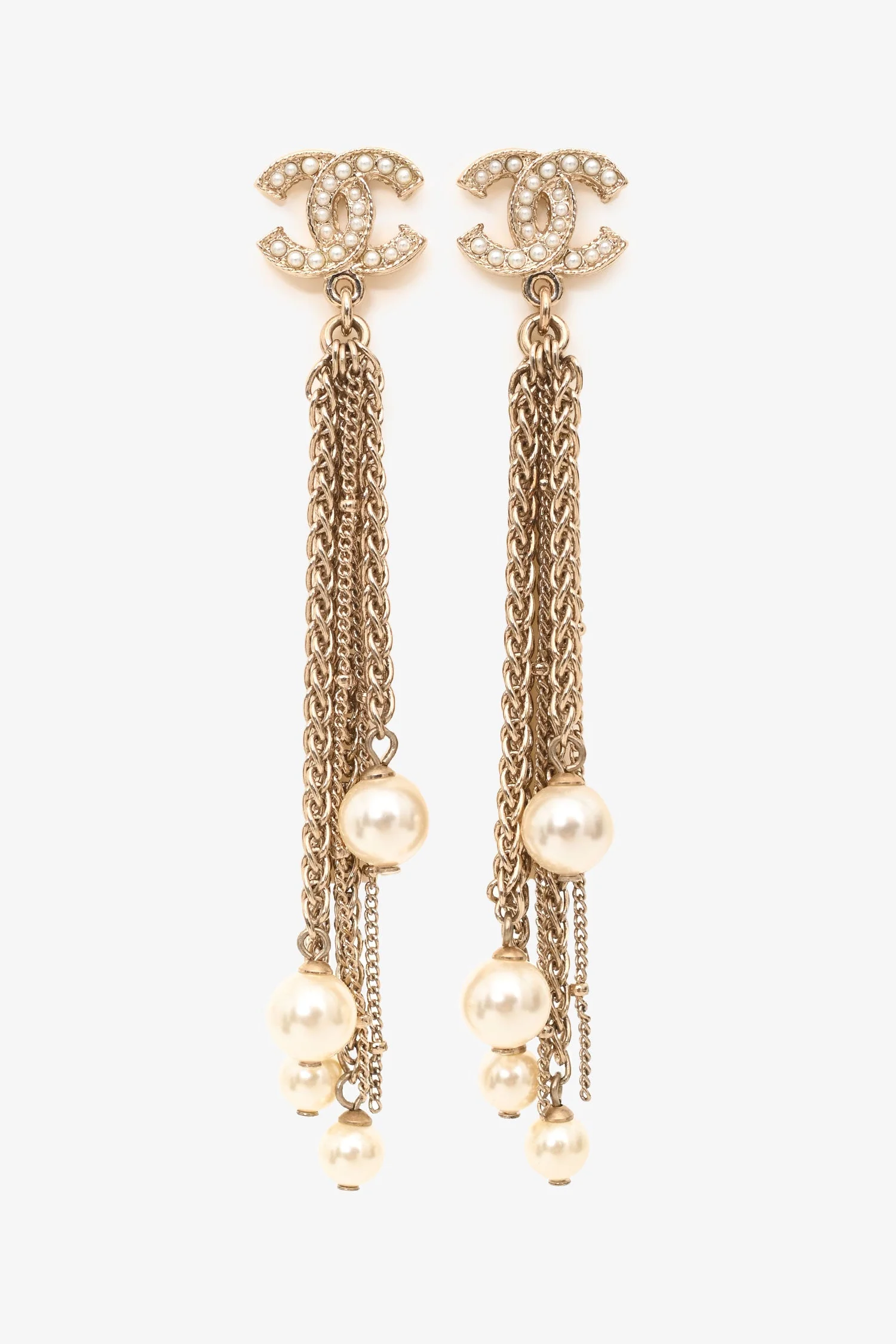 Pre-Loved Chanel™ 2020 Gold Tone Faux Pearl CC Ear Pendants