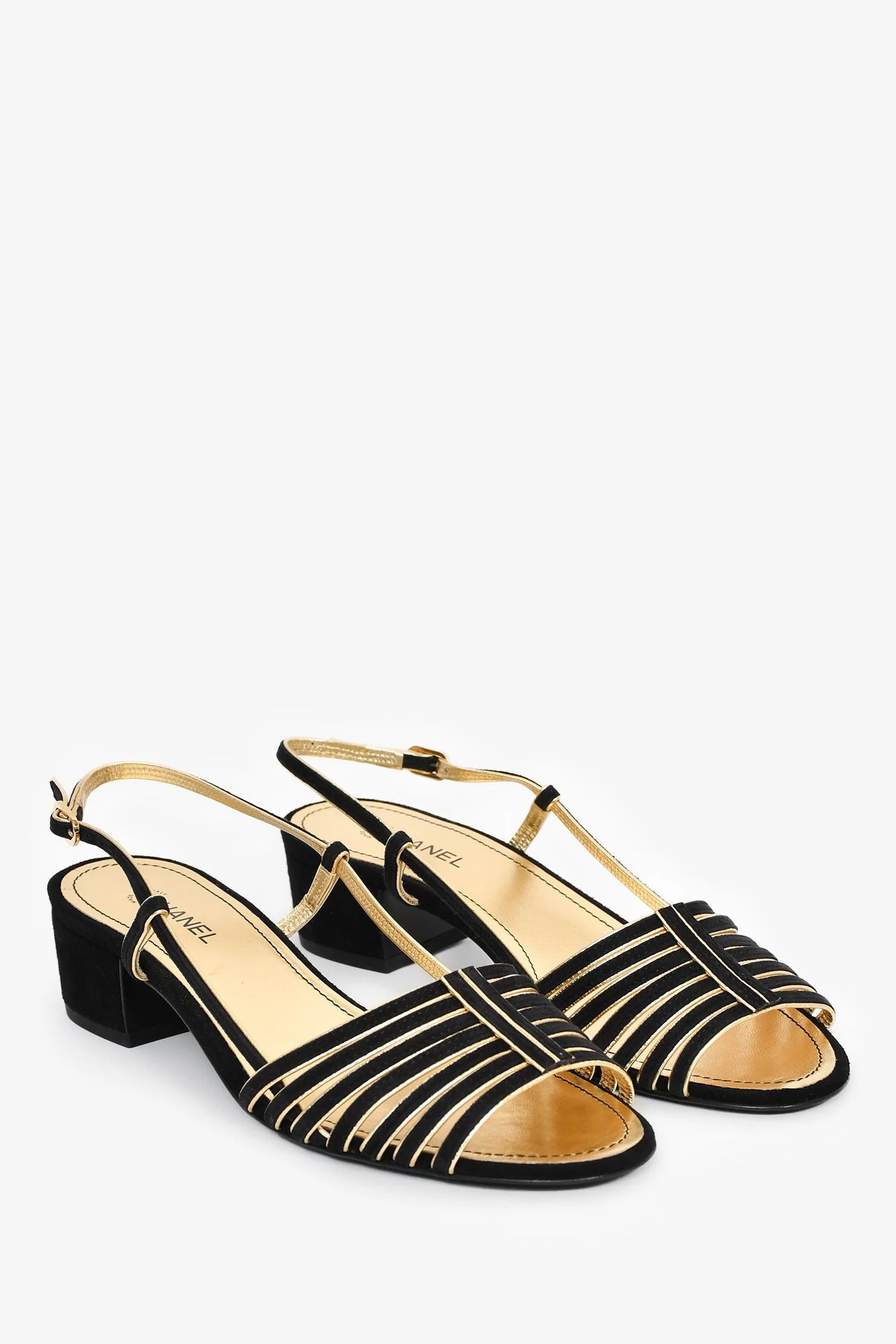 Pre-Loved Chanel™ 2021 Black/Gold Strappy Slingback Sandals Size 38 - Image 2