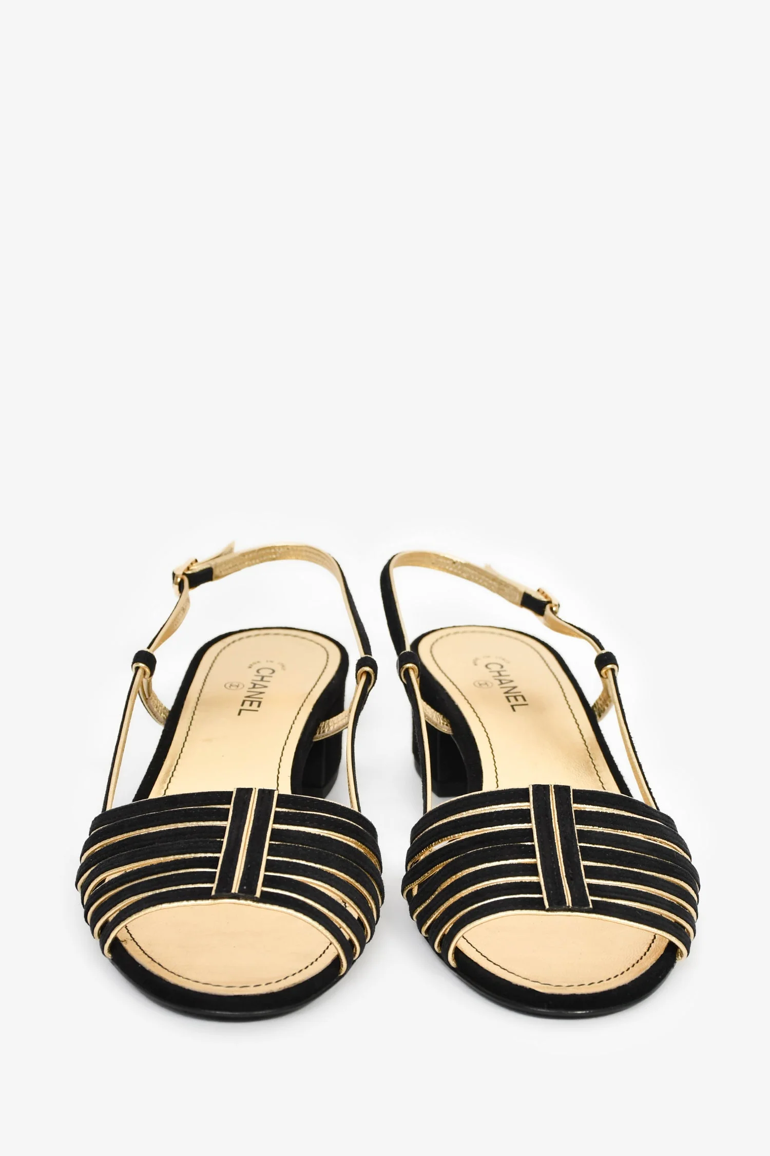 Pre-Loved Chanel™ 2021 Black/Gold Strappy Slingback Sandals Size 38 - Image 3