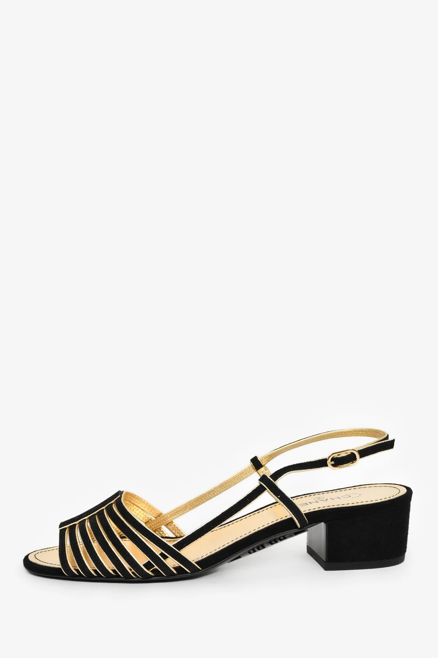 Pre-Loved Chanel™ 2021 Black/Gold Strappy Slingback Sandals Size 38 - Image 4