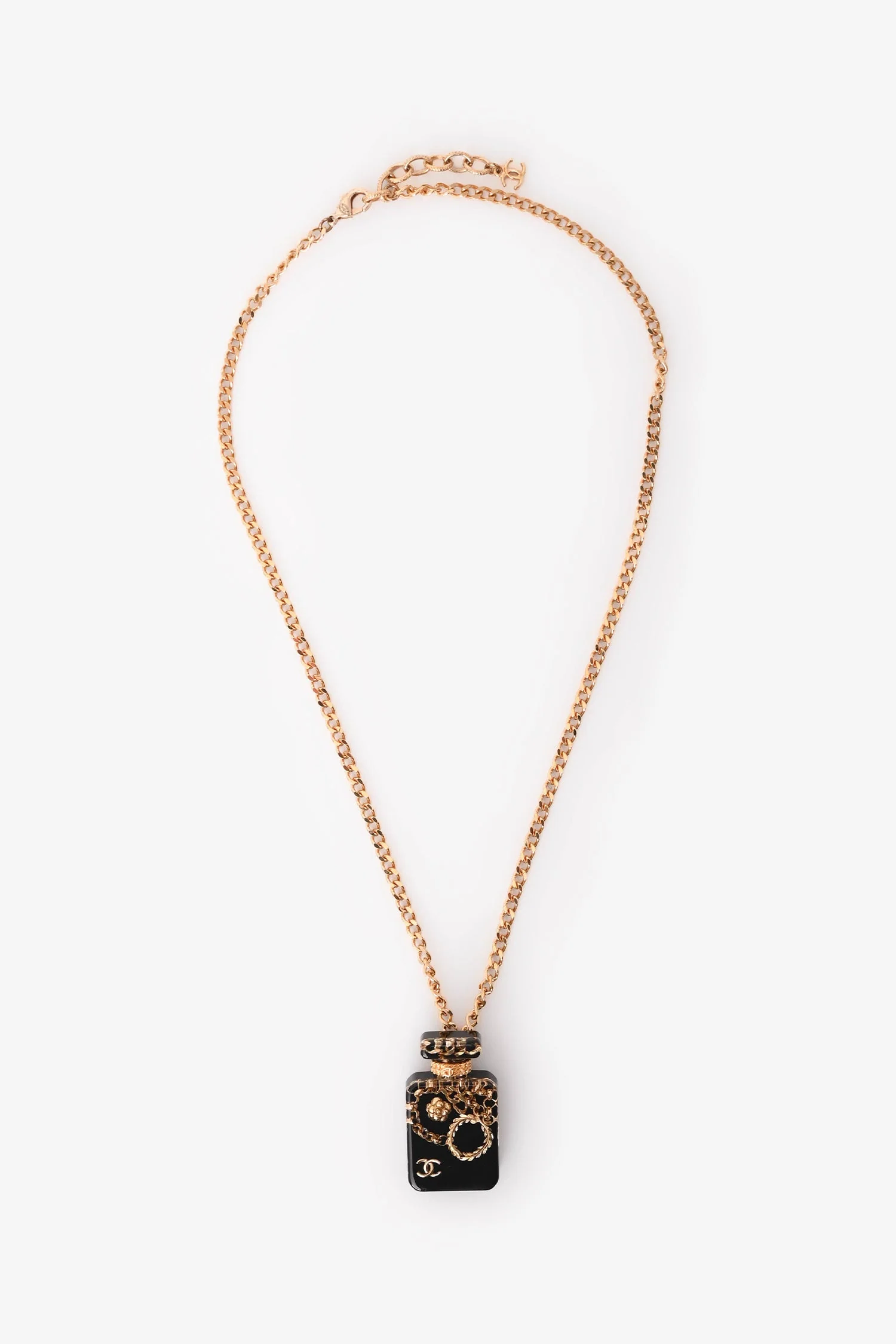 Pre-Loved Chanel™ 2021 Gold Tone Metal Chain Decorated Perfume Bottle Pendant Necklace - Image 2