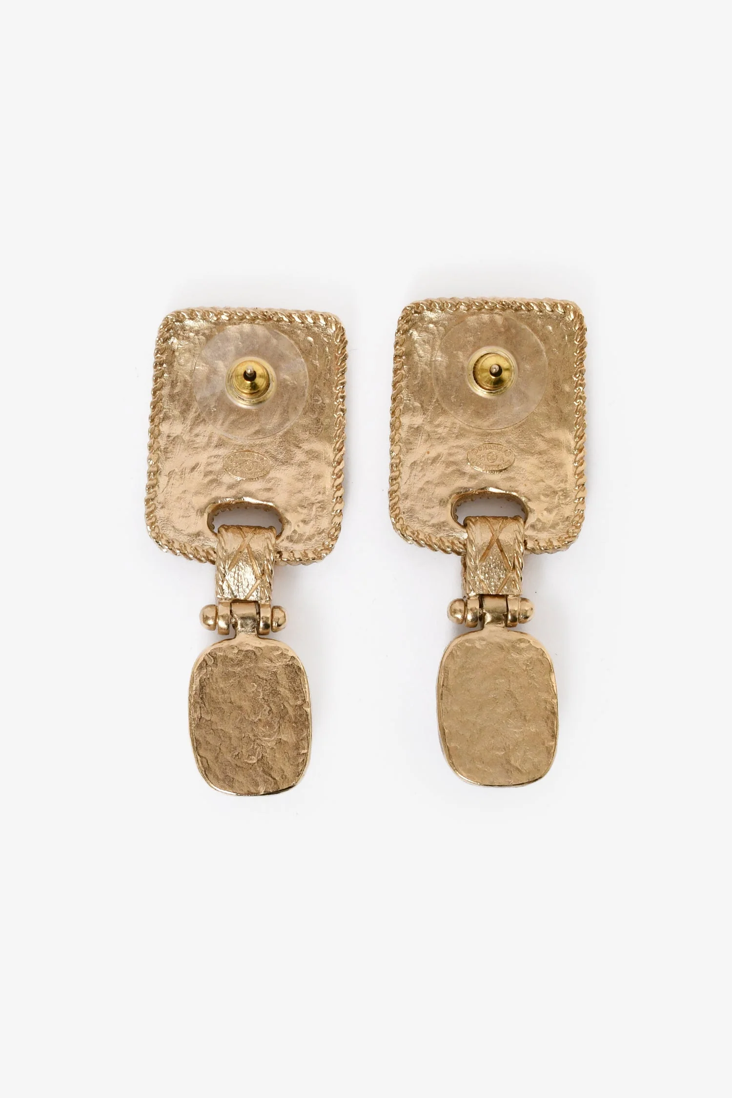 Pre-Loved Chanel™ 2021 Gold Toned Crown CC Plaque Faux Pearl Drop Earrings - Image 2