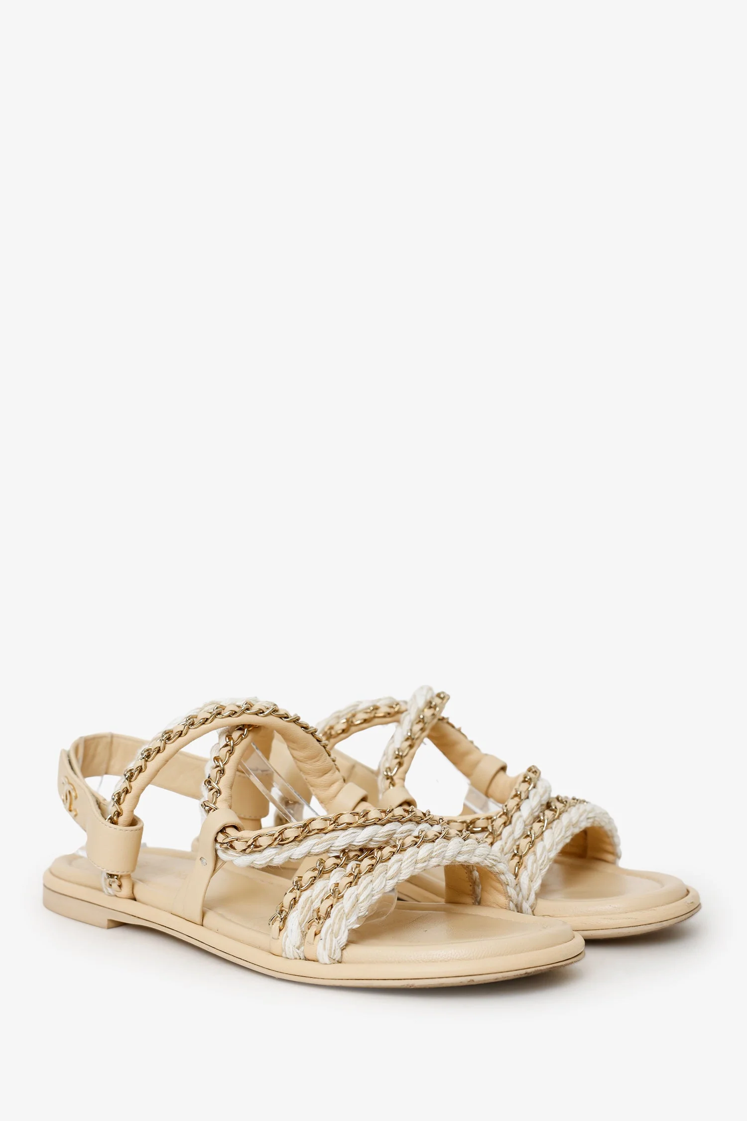 Pre-Loved Chanel™ 2022 Beige Leather Interlocking Logo Strap Sandals Size 37.5 - Image 2