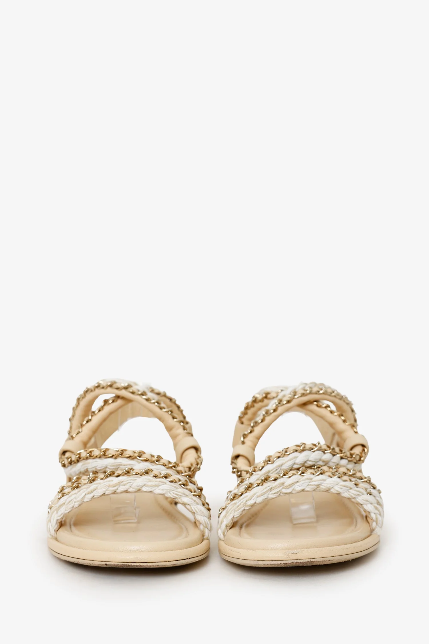 Pre-Loved Chanel™ 2022 Beige Leather Interlocking Logo Strap Sandals Size 37.5 - Image 3