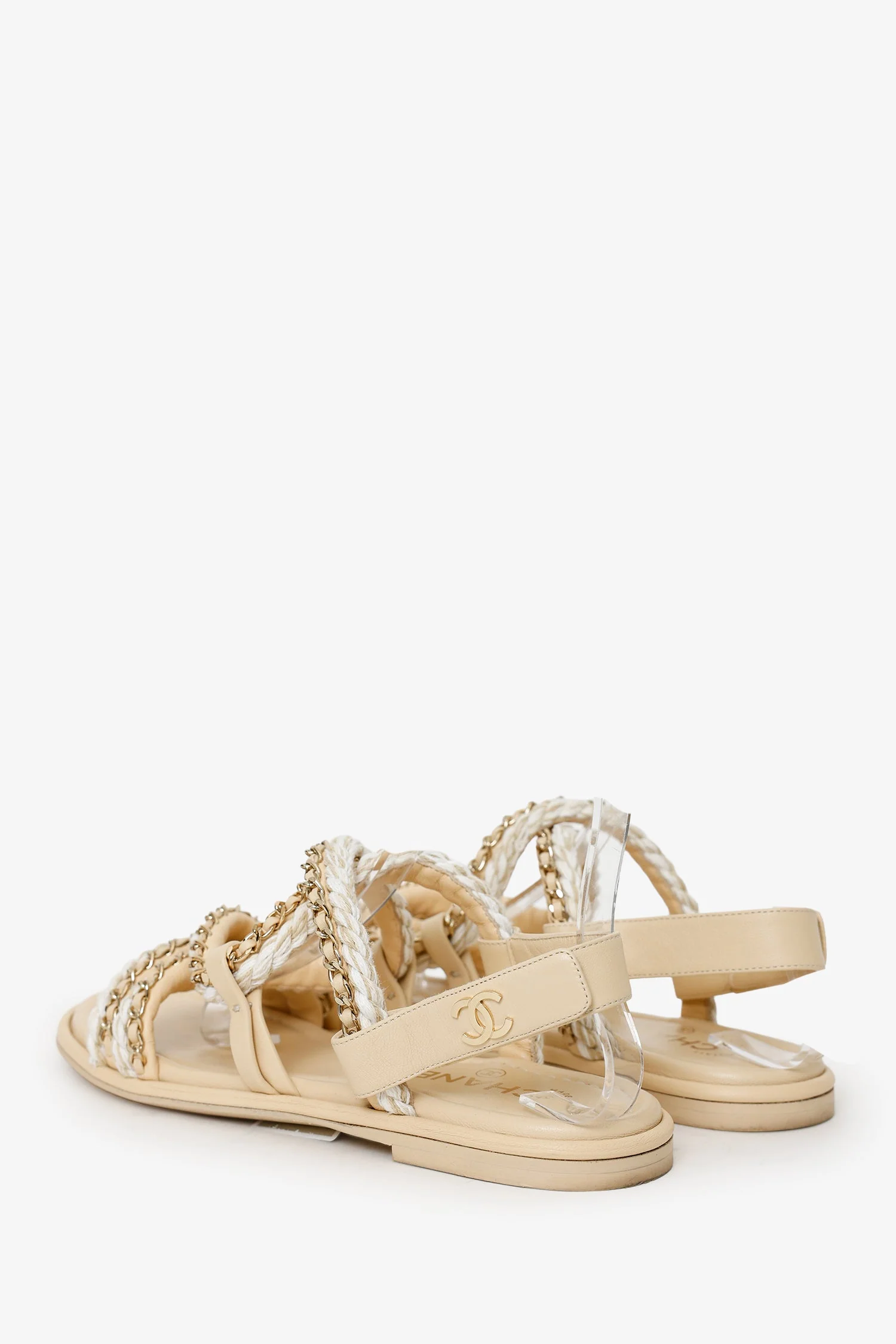 Pre-Loved Chanel™ 2022 Beige Leather Interlocking Logo Strap Sandals Size 37.5 - Image 4